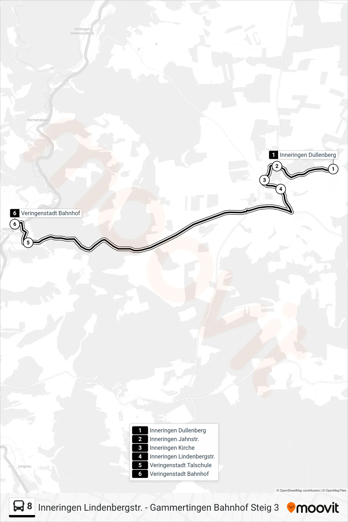 8 bus Line (Veringenstadt Bahnhof) route and stops on a map