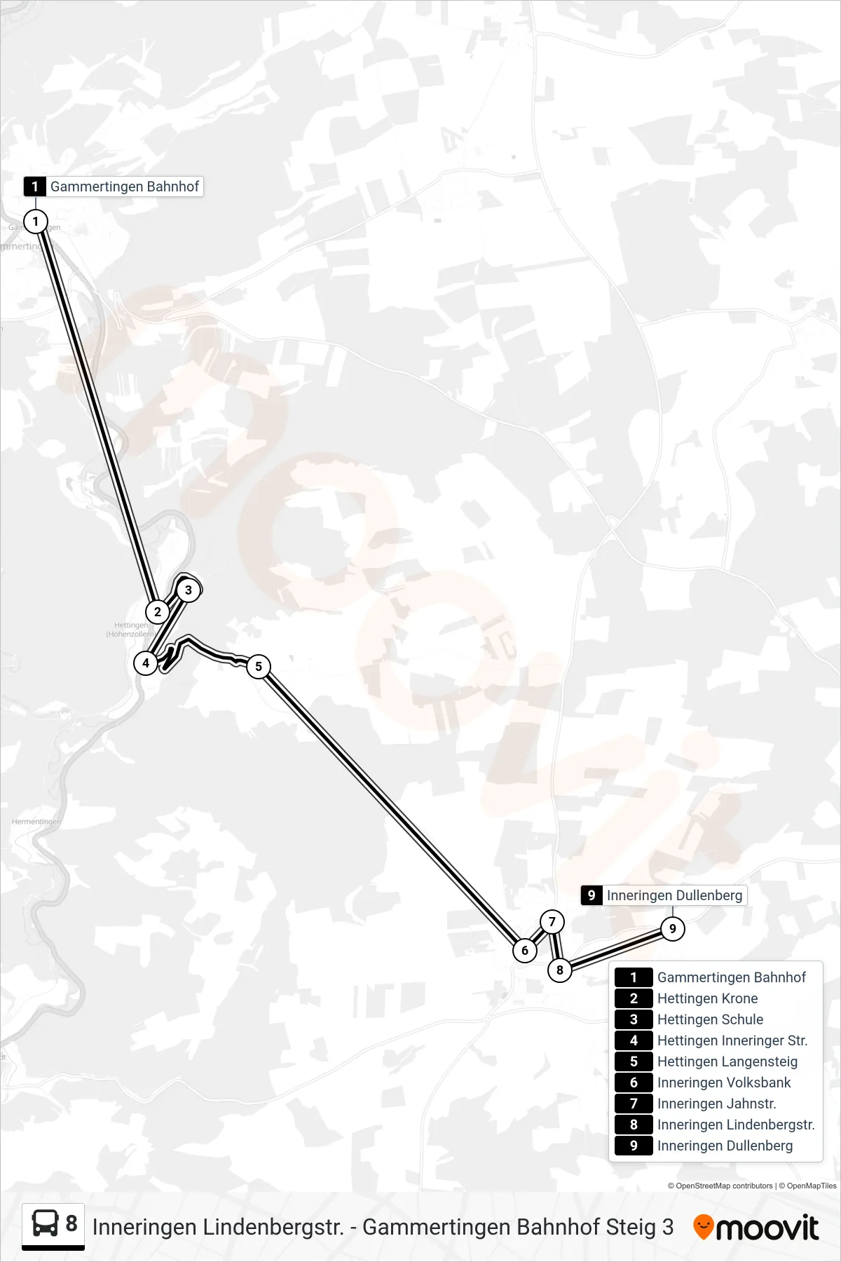 8 bus Line (Inneringen Dullenberg) route and stops on a map