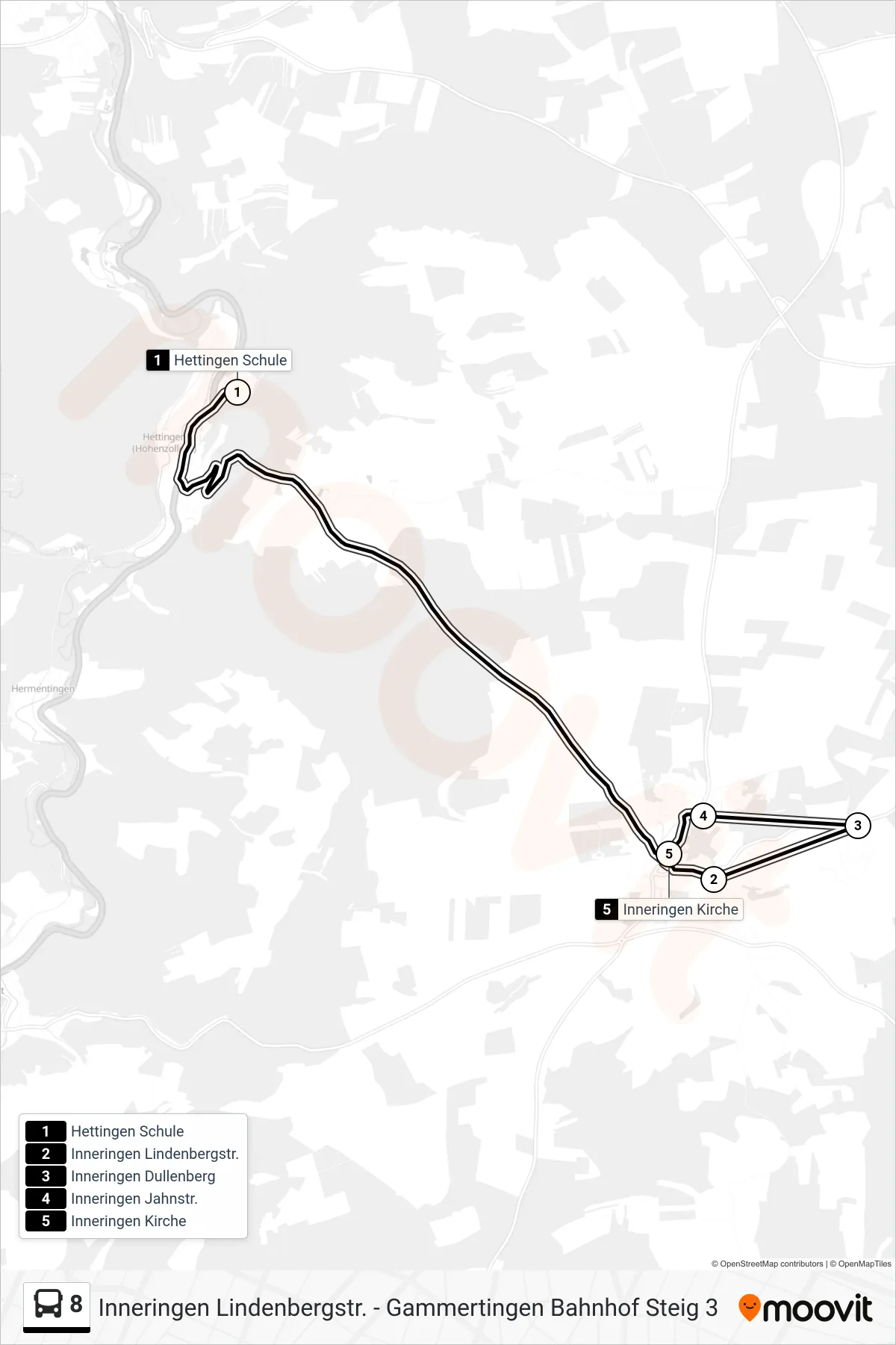 8 bus Line (Inneringen Kirche) route and stops on a map