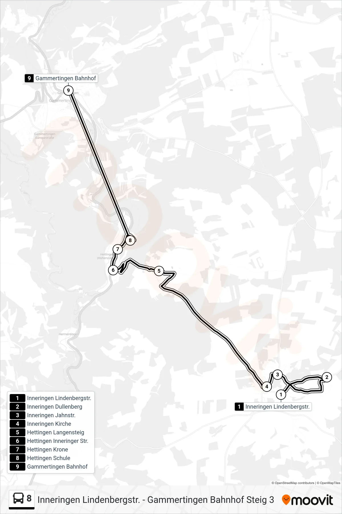 8 bus Line (Gammertingen Bahnhof) route and stops on a map