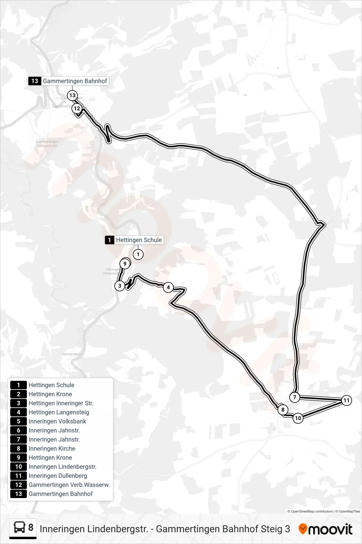 8 bus Line (Gammertingen Bahnhof) route and stops on a map