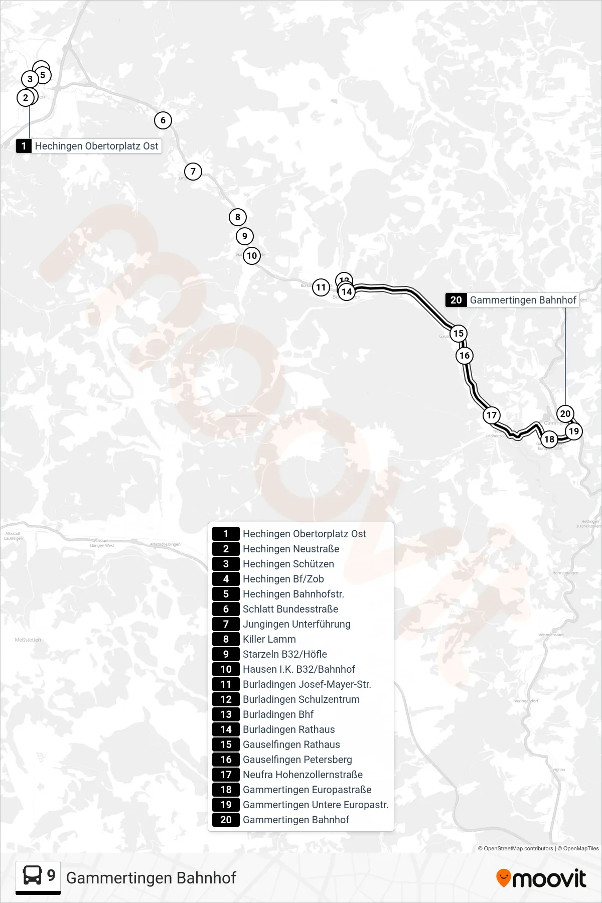 9 bus Line (Gammertingen Bahnhof) route and stops on a map