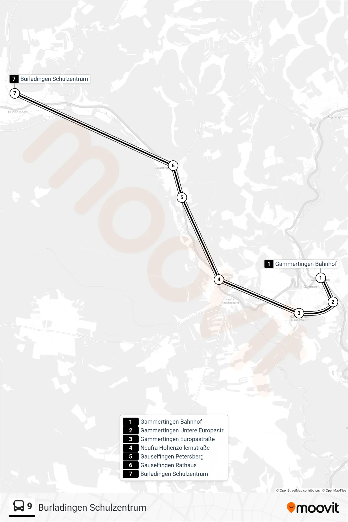 Linie 9 (Bus) Richtung Burladingen Schulzentrum: Route und Haltestellen auf der Karte