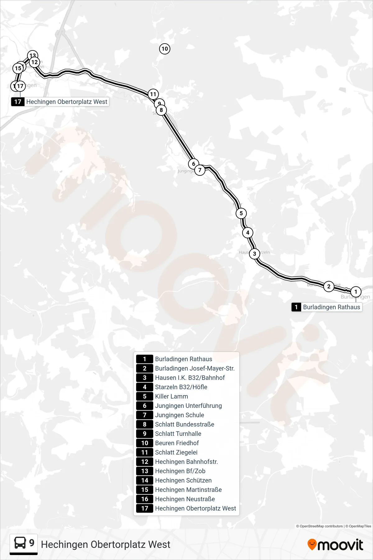 9 bus Line (Hechingen Obertorplatz West) route and stops on a map