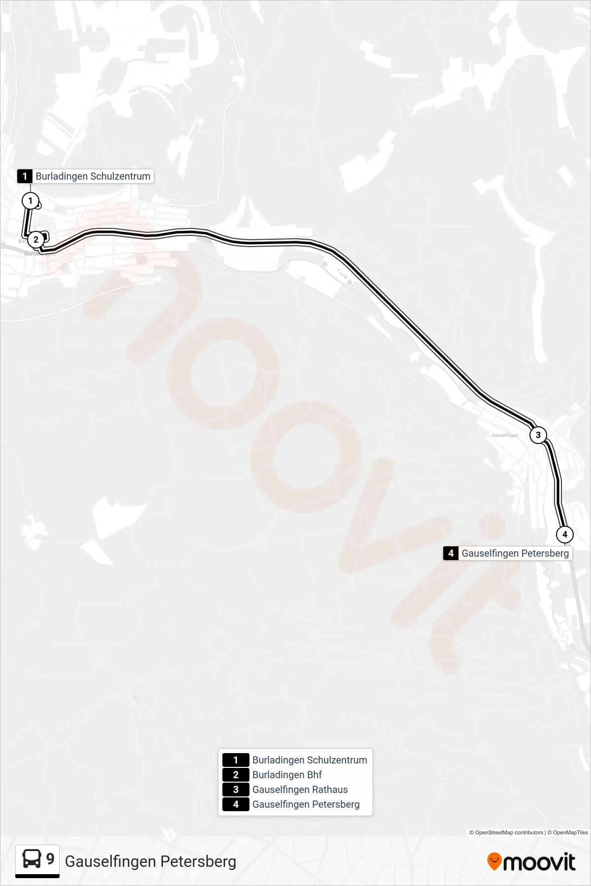 9 bus Line (Gauselfingen Petersberg) route and stops on a map