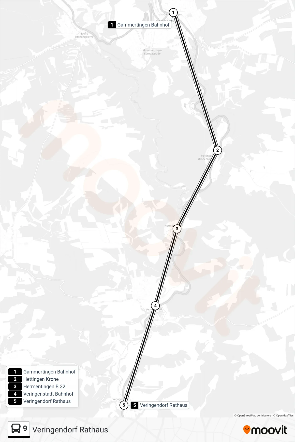 9 bus Line (Veringendorf Rathaus) route and stops on a map