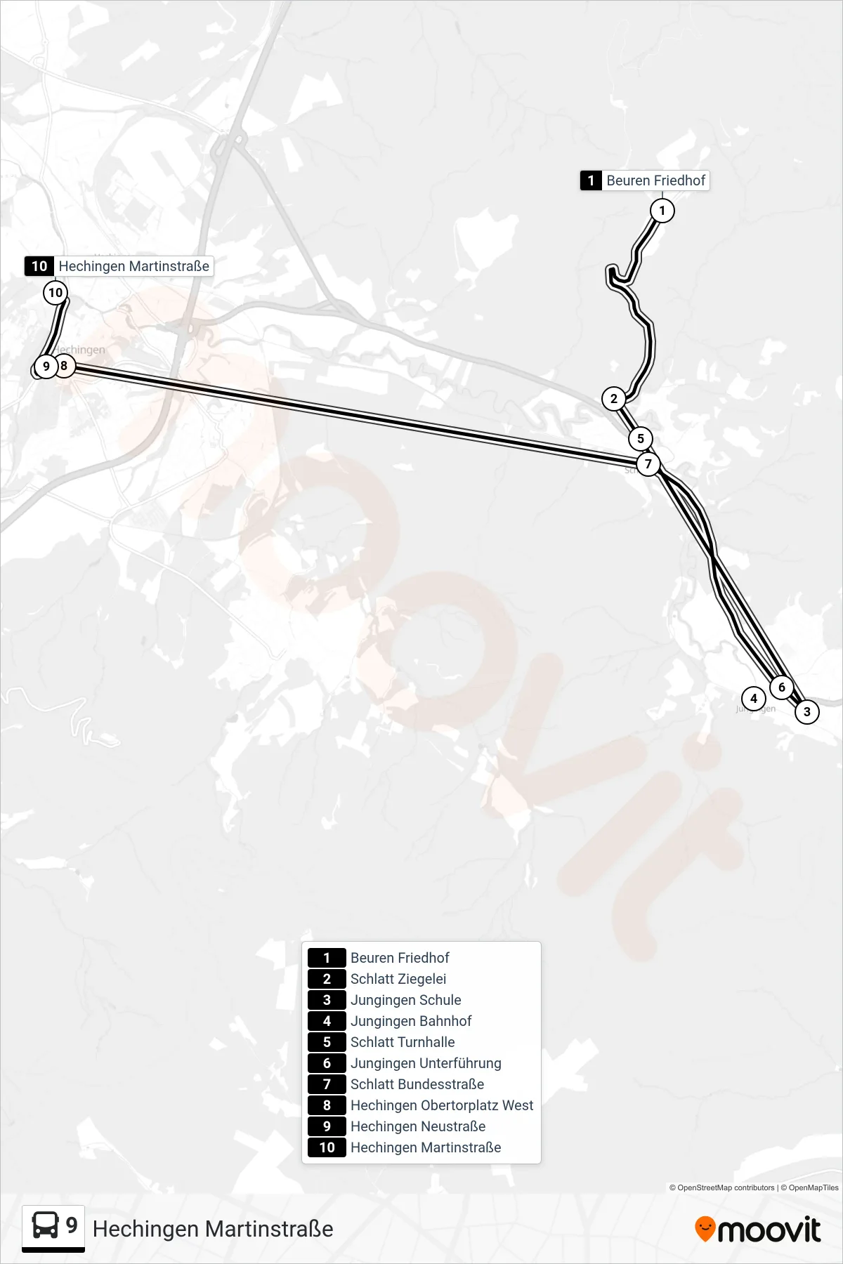 9 bus Line (Hechingen Martinstraße) route and stops on a map