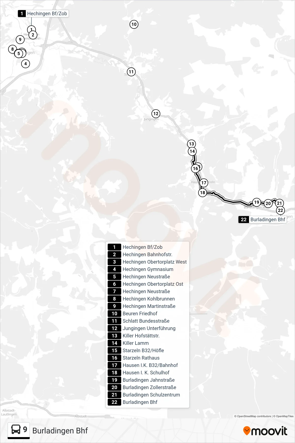 9 bus Line (Burladingen Bhf) route and stops on a map