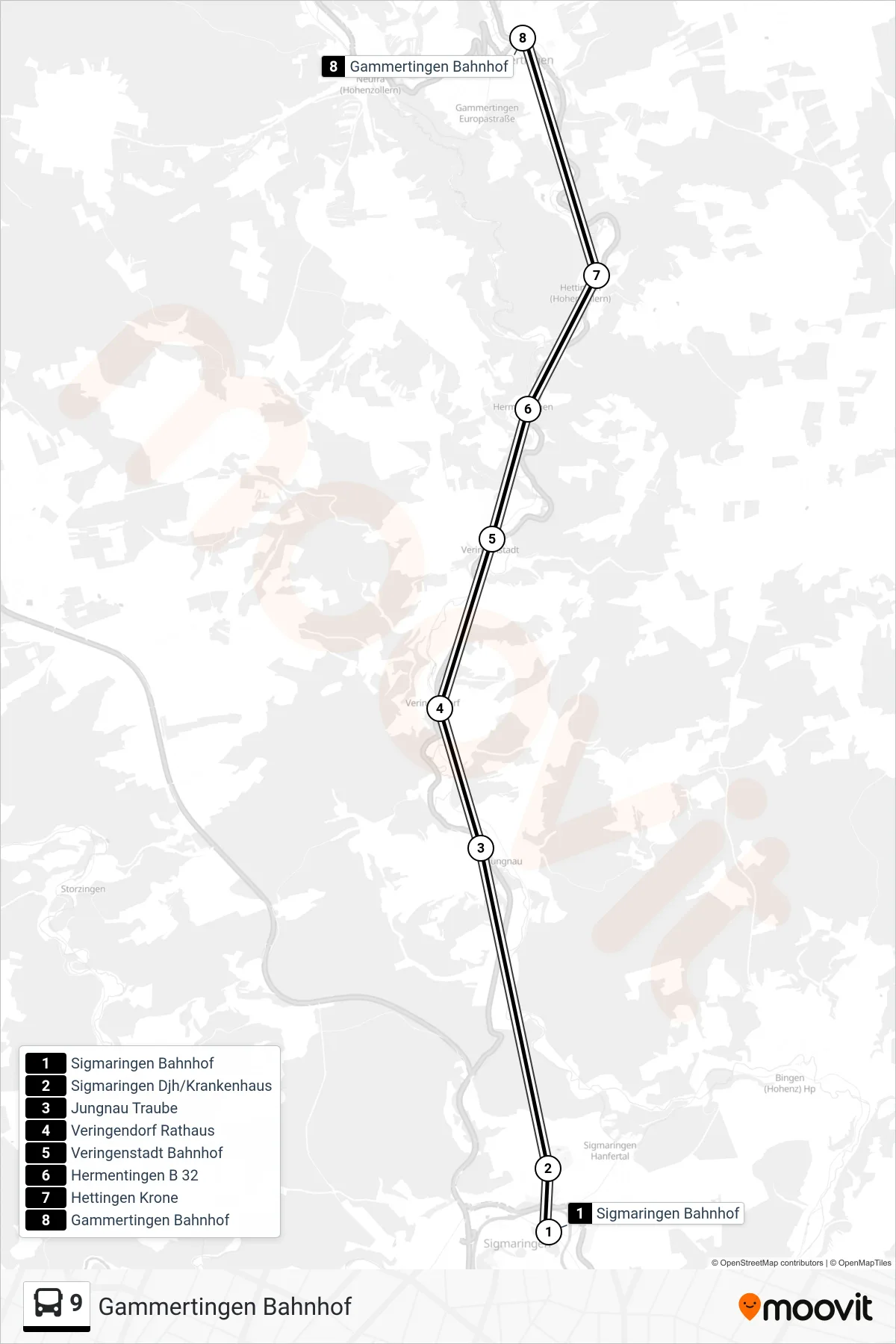 9 bus Line (Gammertingen Bahnhof) route and stops on a map
