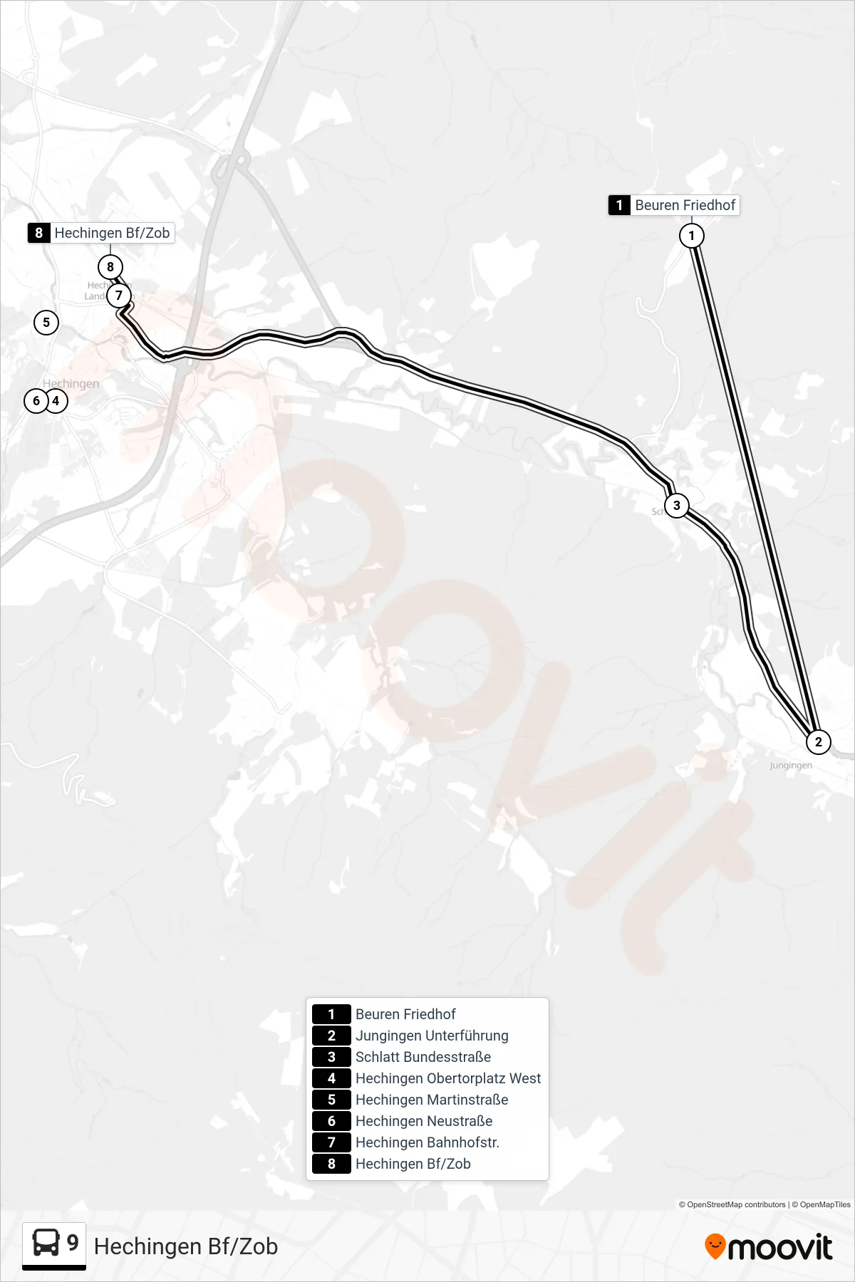 9 bus Line (Hechingen Bf/Zob) route and stops on a map
