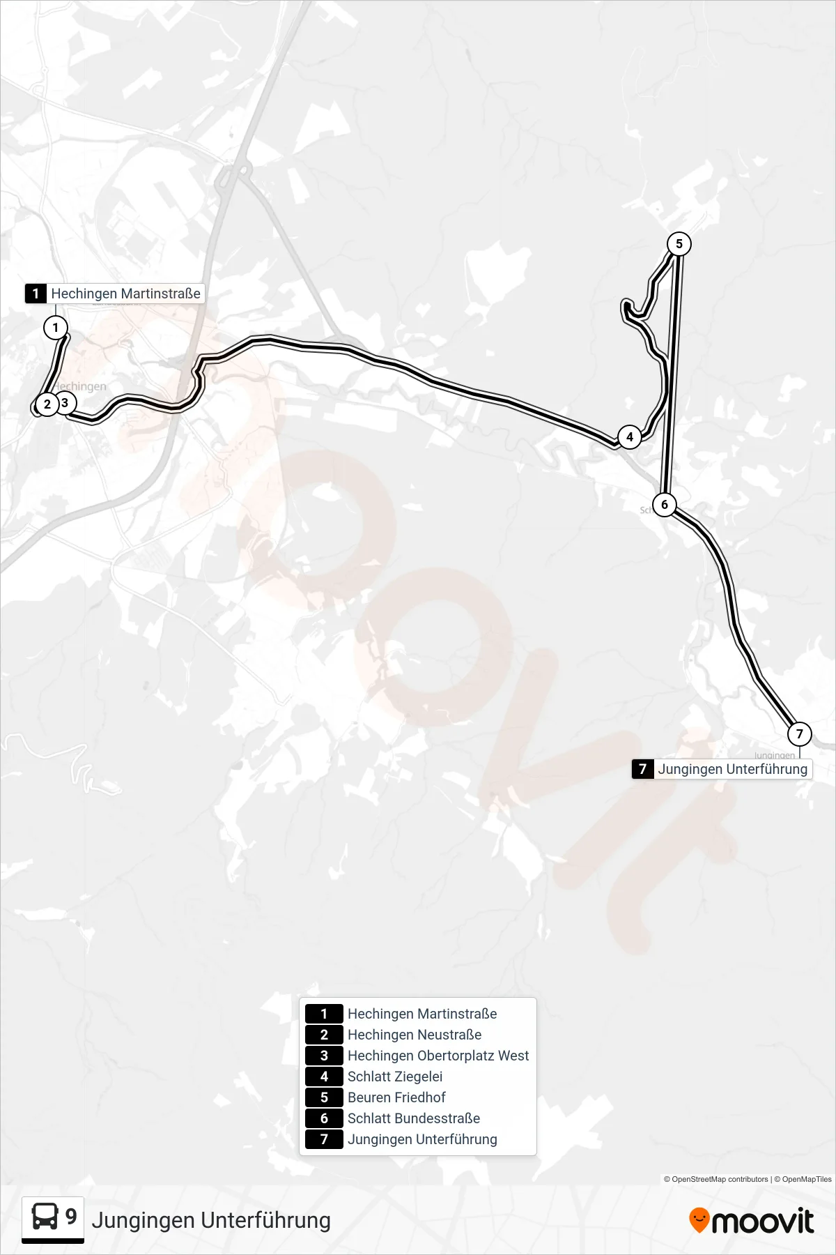 9 bus Line (Jungingen Unterführung) route and stops on a map