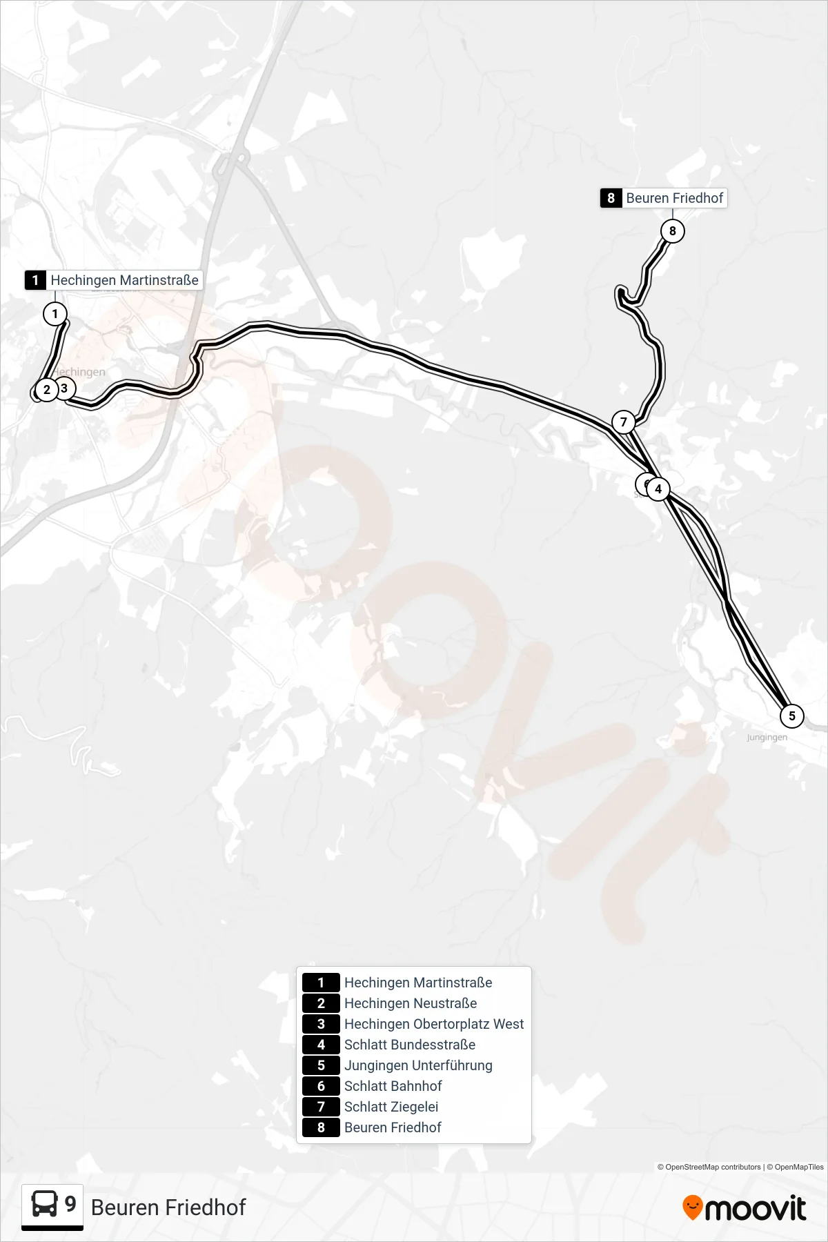 9 bus Line (Beuren Friedhof) route and stops on a map