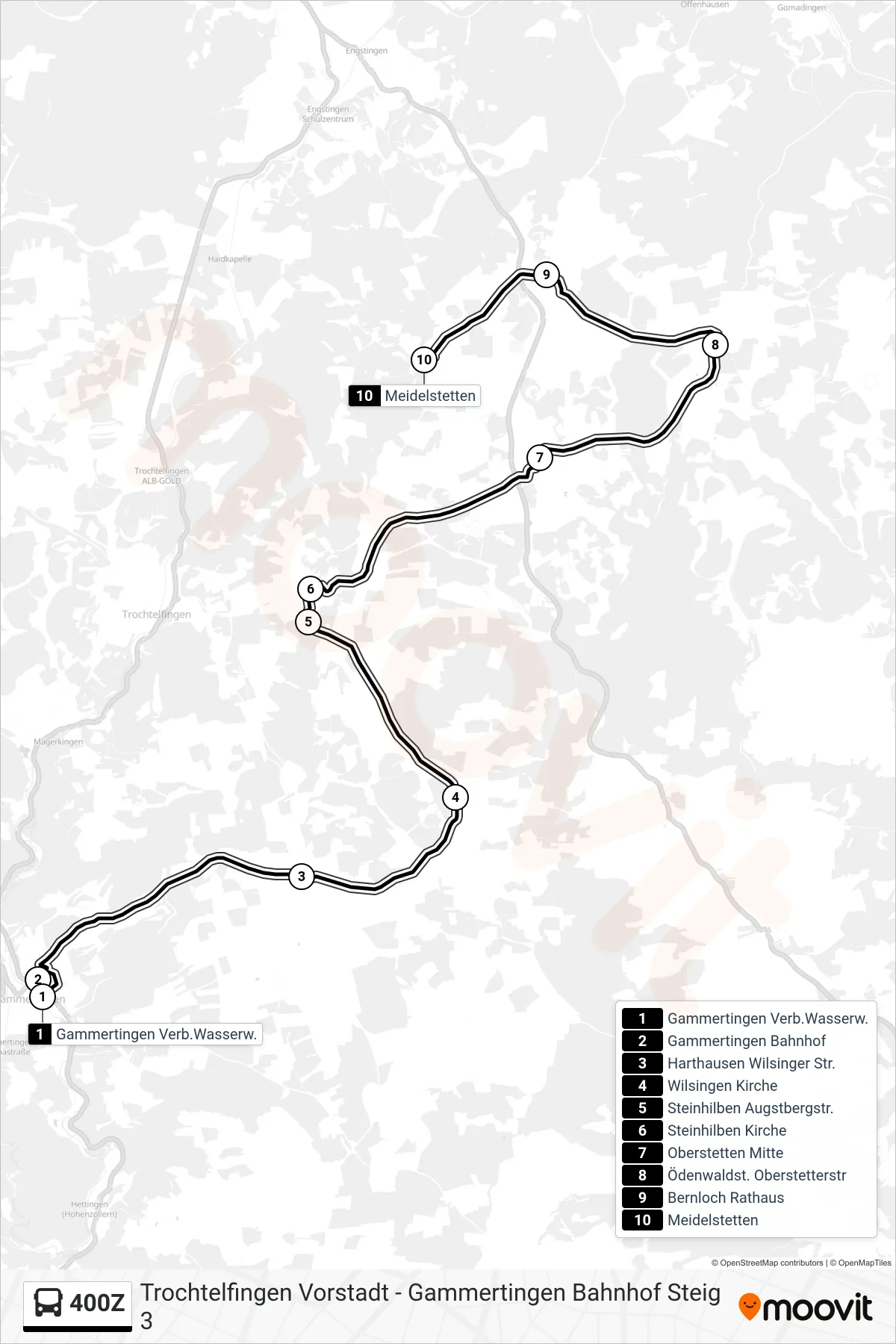 400Z bus Line (Meidelstetten) route and stops on a map