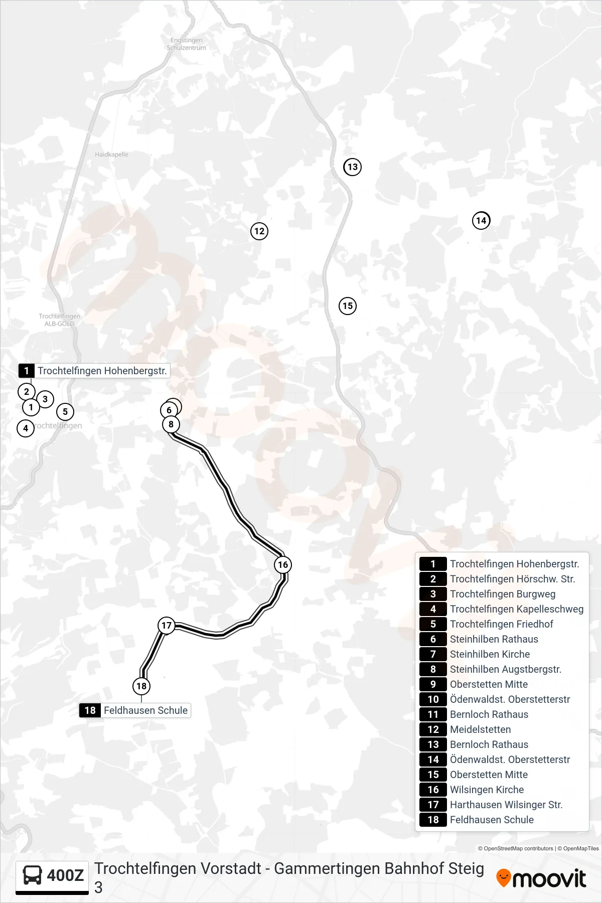 400Z bus Line (Feldhausen Schule) route and stops on a map