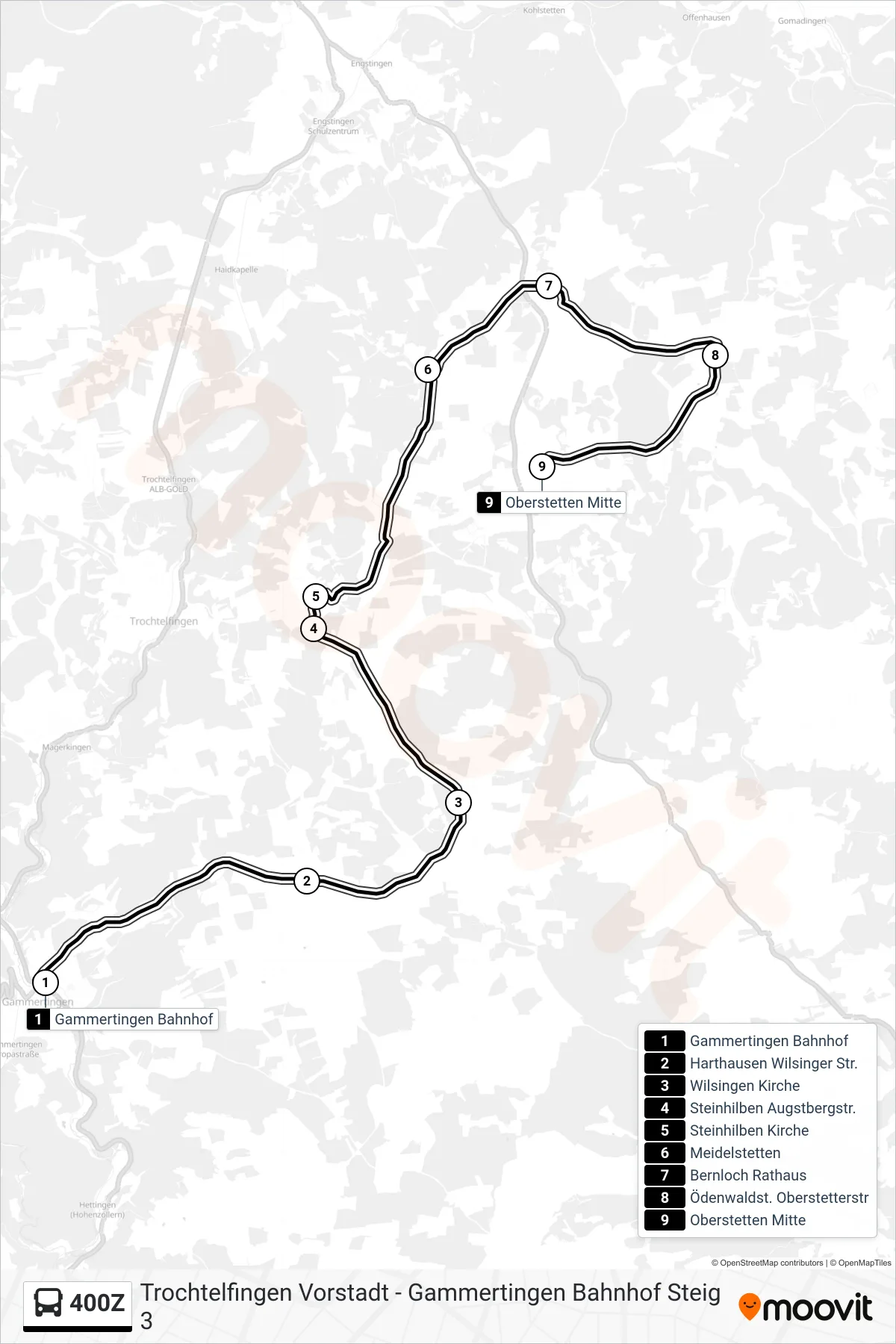400Z bus Line (Oberstetten Mitte) route and stops on a map