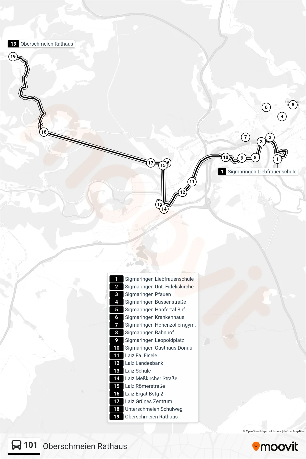 101 bus Line (Oberschmeien Rathaus) route and stops on a map