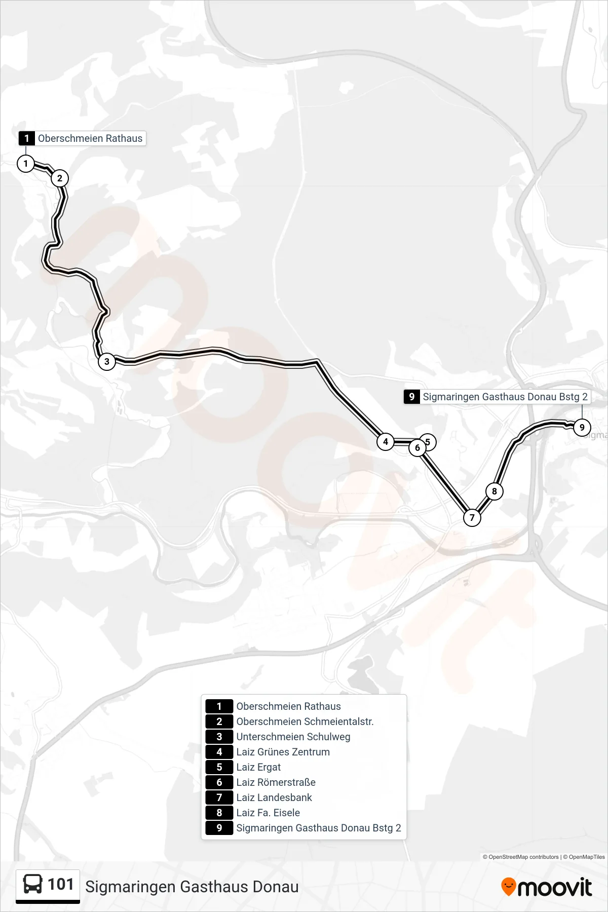 Linie 101 (Bus) Richtung Sigmaringen Gasthaus Donau: Route und Haltestellen auf der Karte