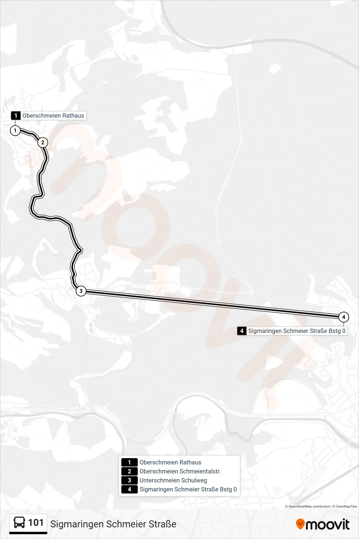 101 bus Line (Sigmaringen Schmeier Straße) route and stops on a map