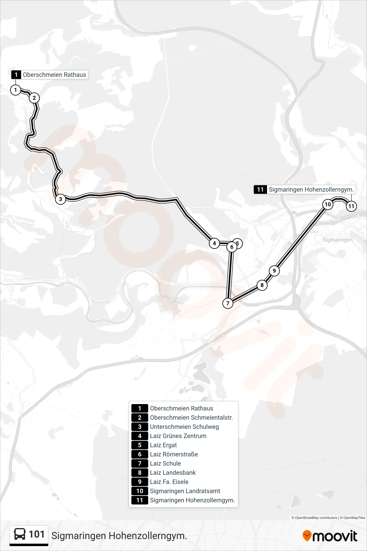 101 bus Line (Sigmaringen Hohenzollerngym.) route and stops on a map