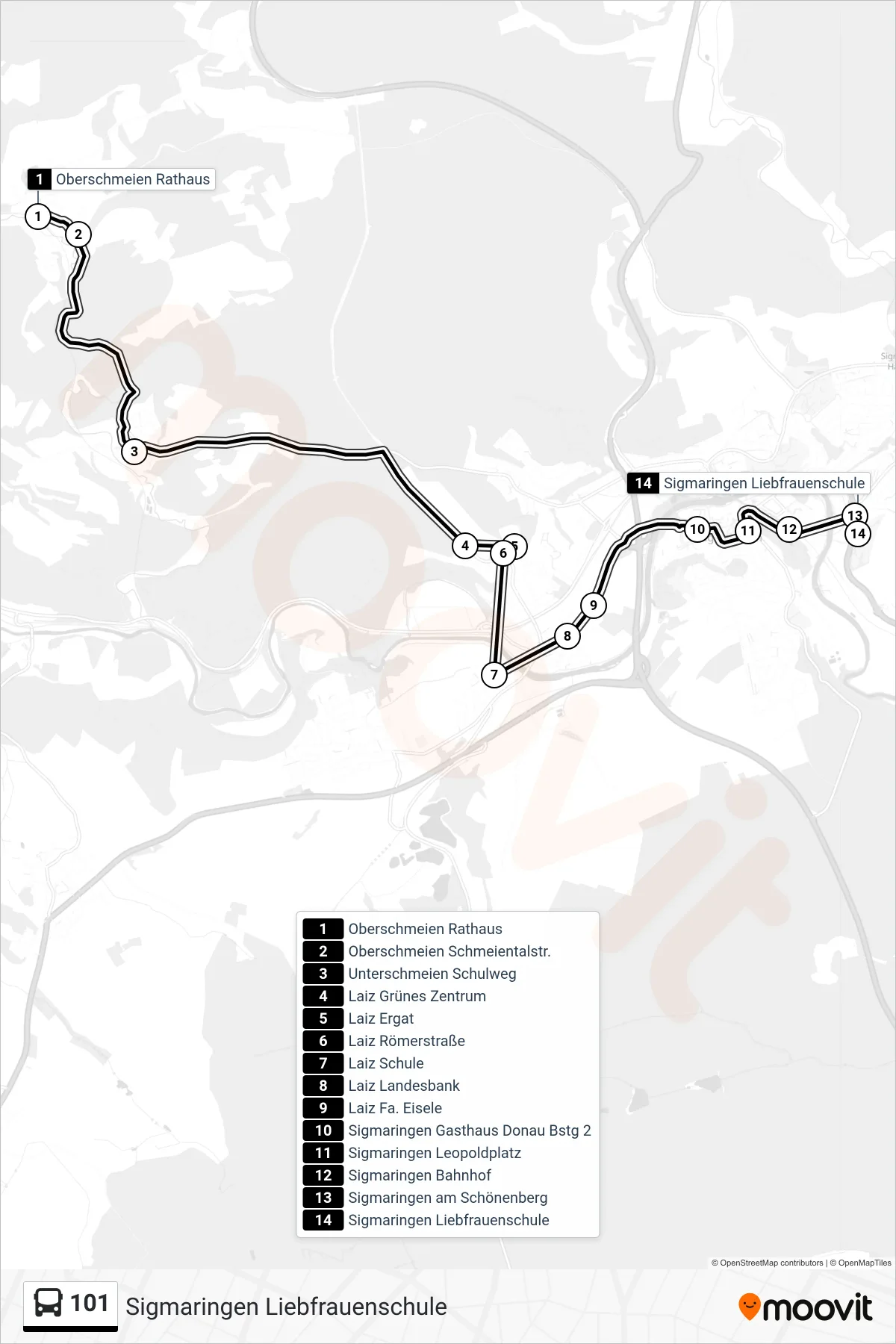 101 bus Line (Sigmaringen Liebfrauenschule) route and stops on a map