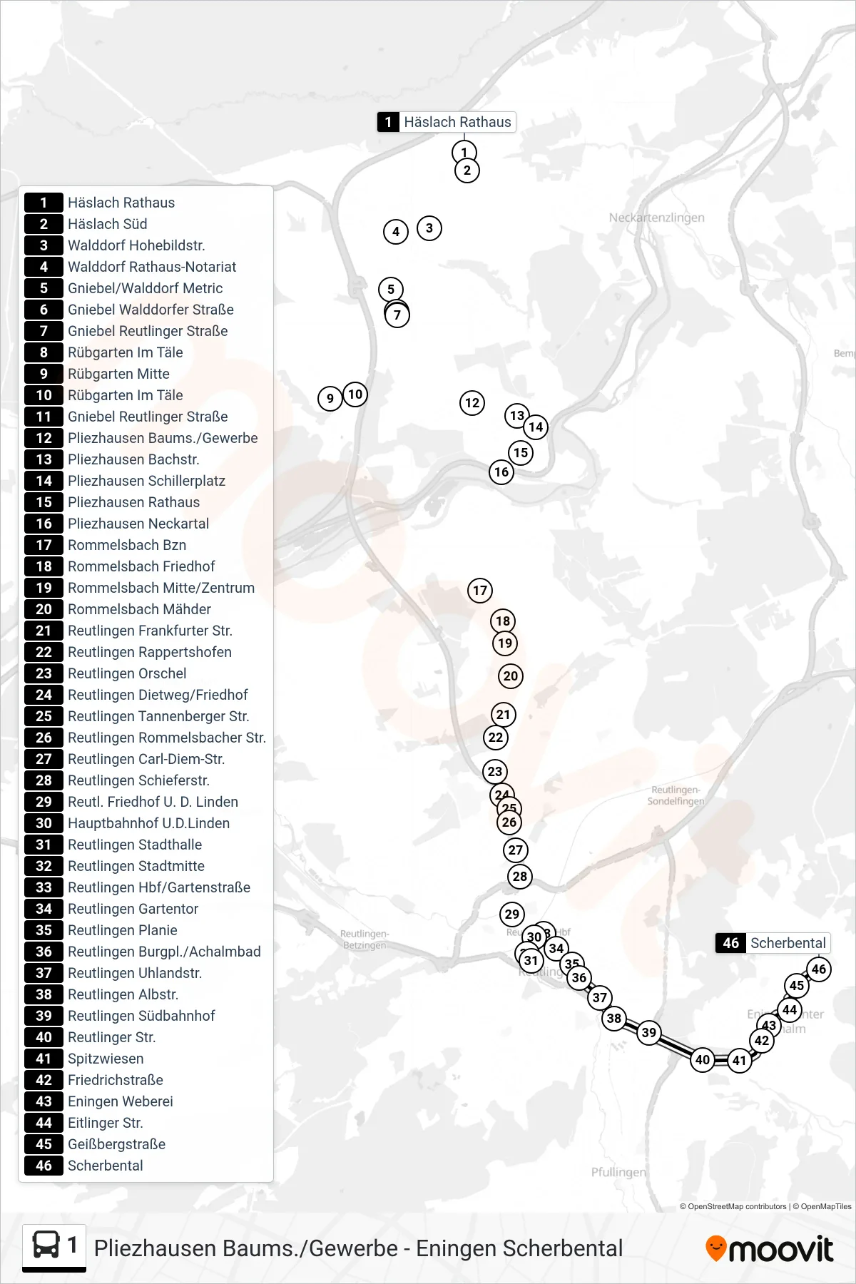Linie 1 (Bus) Richtung Eningen Scherbental: Route und Haltestellen auf der Karte