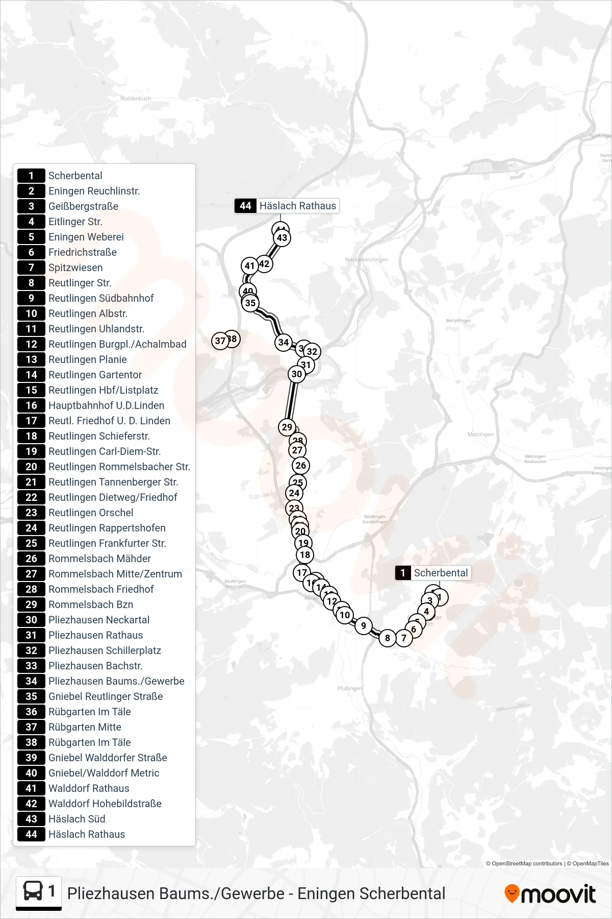 1 bus Line (Häslach Rathaus) route and stops on a map