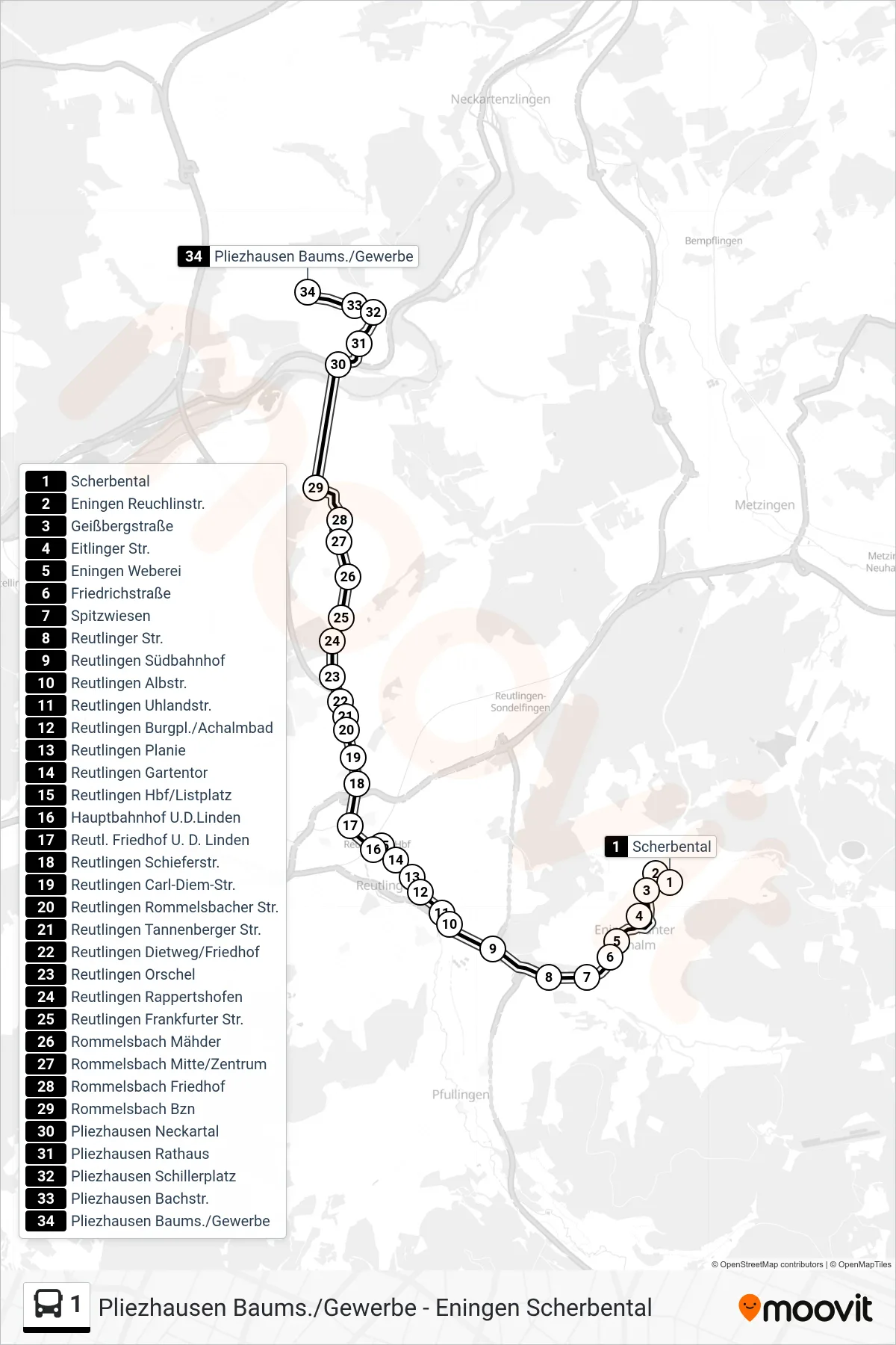 1 bus Line (Pliezhausen Baums./Gewerbe) route and stops on a map