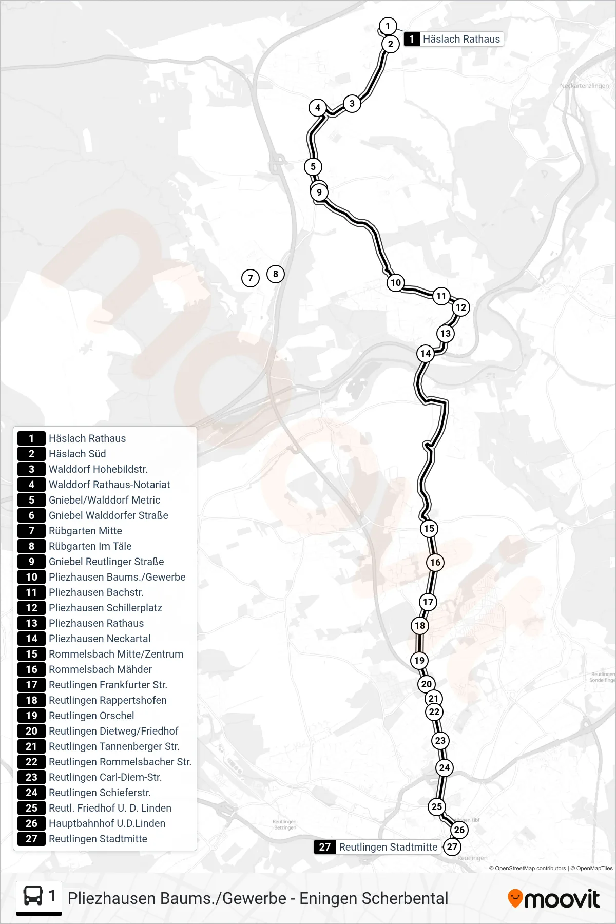 1 bus Line (Reutlingen Stadtmitte) route and stops on a map