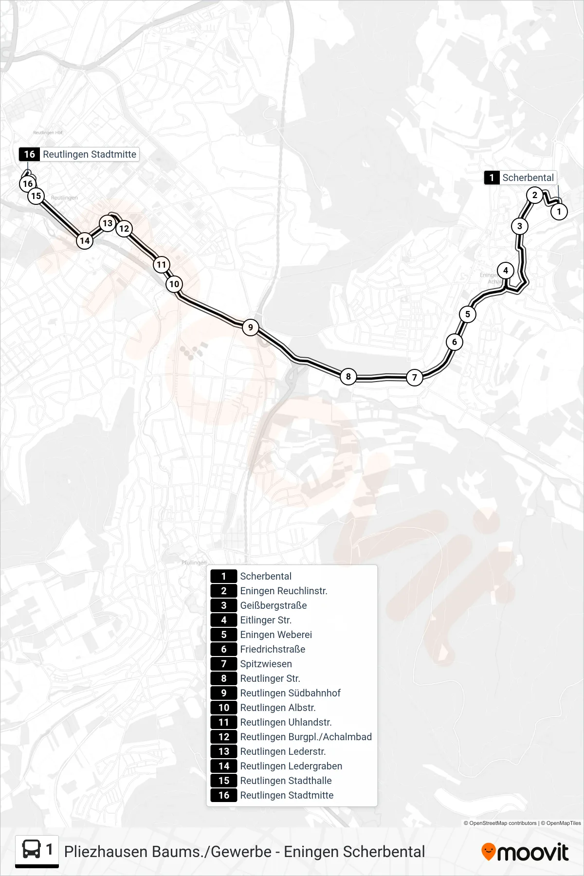1 bus Line (Reutlingen Stadtmitte) route and stops on a map