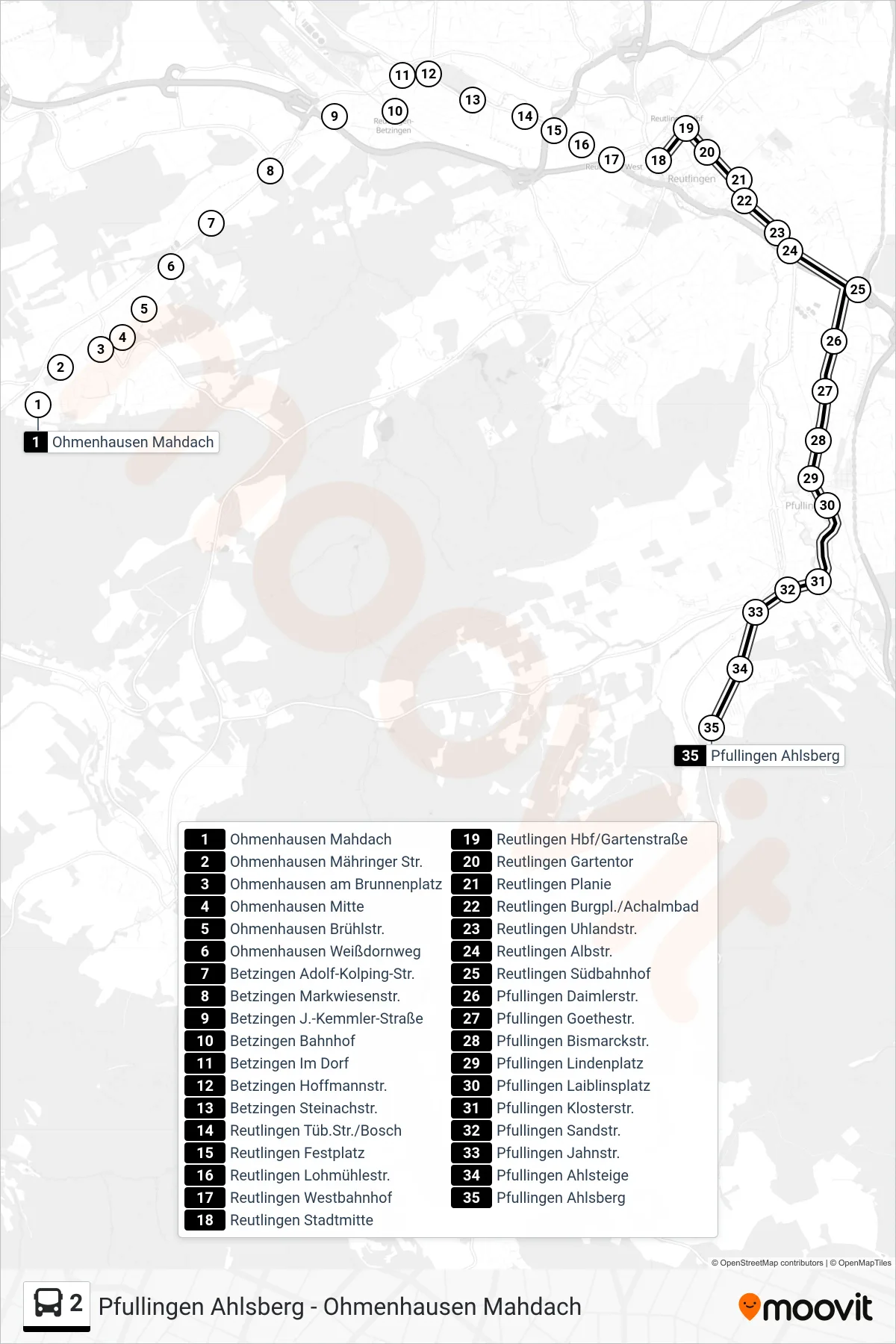 2 bus Line (Pfullingen Ahlsberg) route and stops on a map