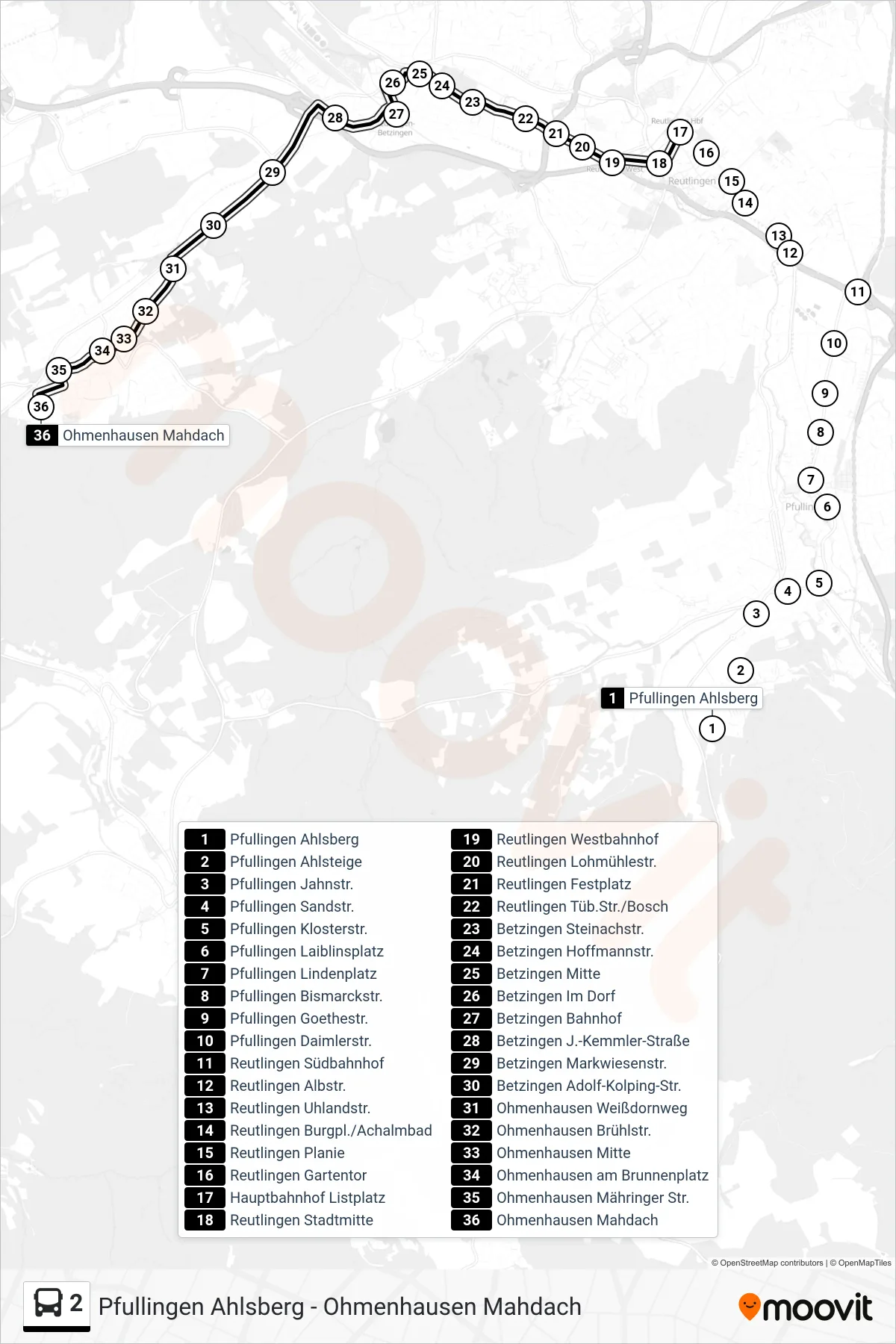 2 bus Line (Ohmenhausen Mahdach) route and stops on a map