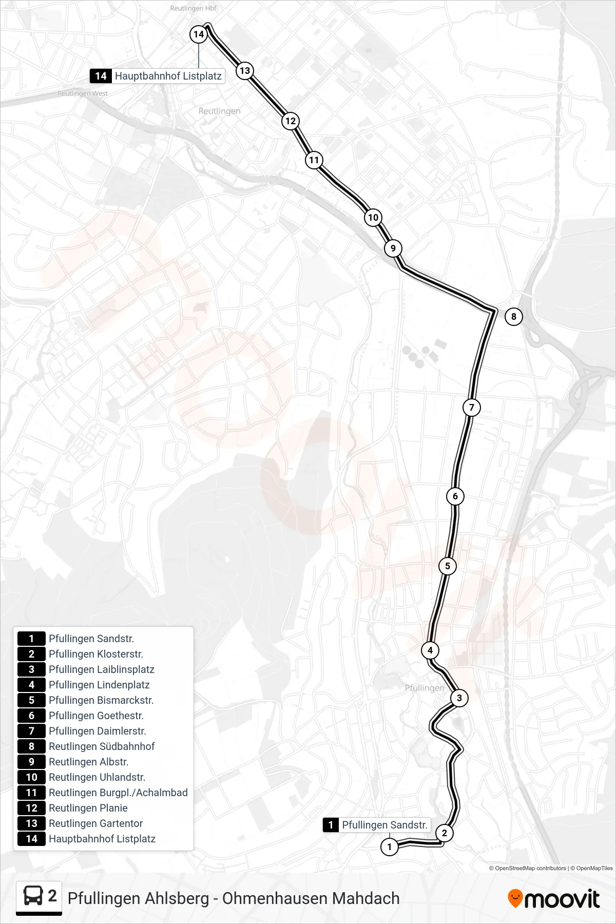 2 bus Line (Reutlingen Hbf/Listplatz) route and stops on a map