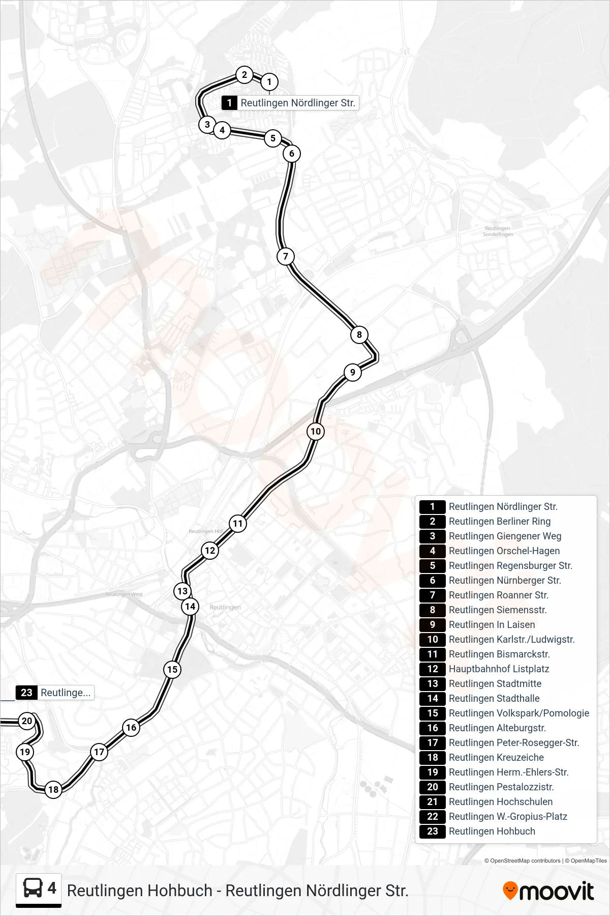 4 bus Line (Reutlingen Hohbuch) route and stops on a map