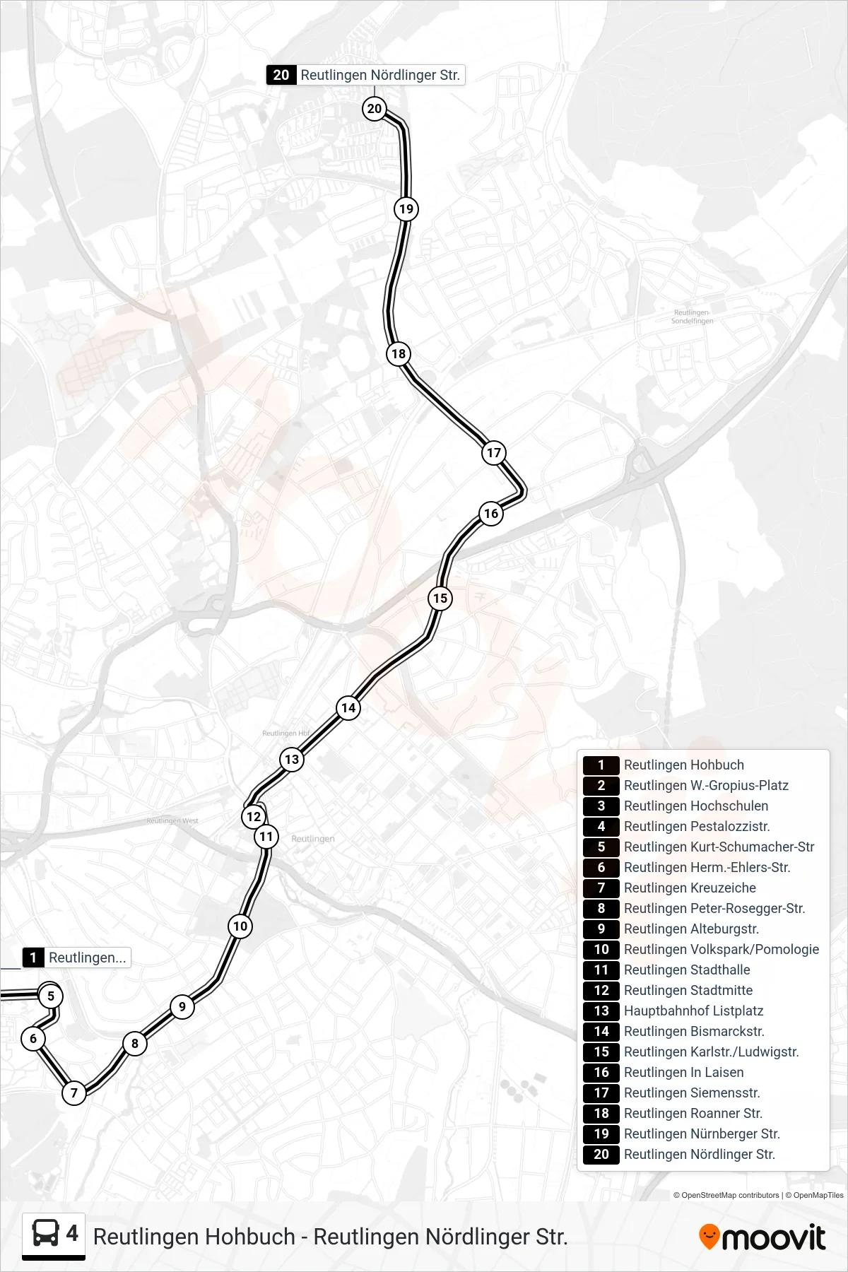 4 bus Line (Reutlingen Nördlinger Str.) route and stops on a map