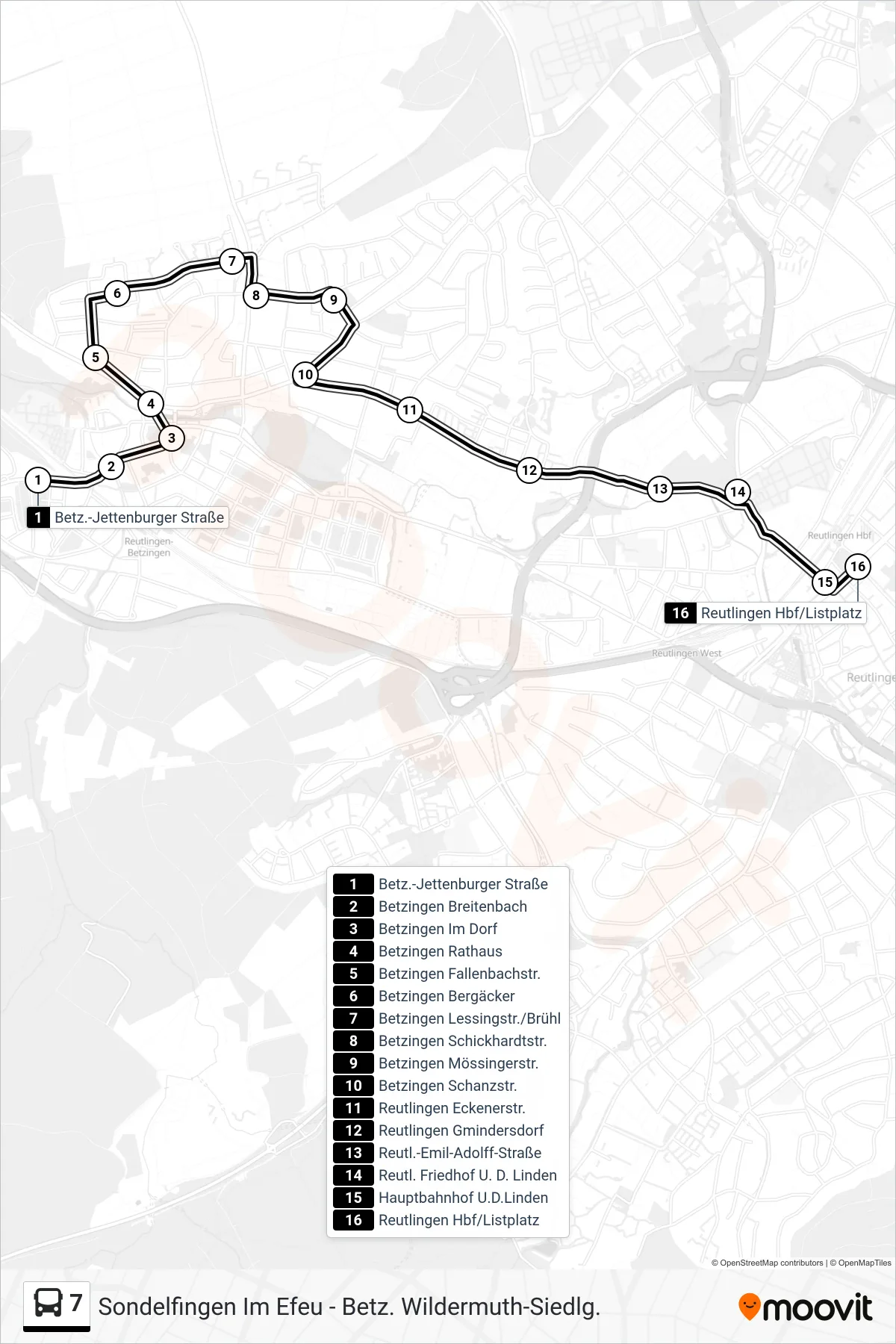 Linie 7 (Bus) Richtung Reutlingen Hbf/Listplatz: Route und Haltestellen auf der Karte