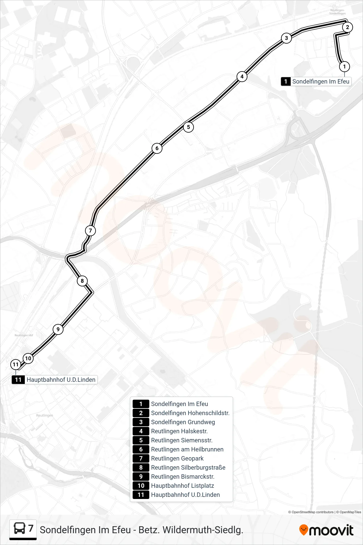 7 bus Line (Reutlingen Hbf/U.D.Linden) route and stops on a map