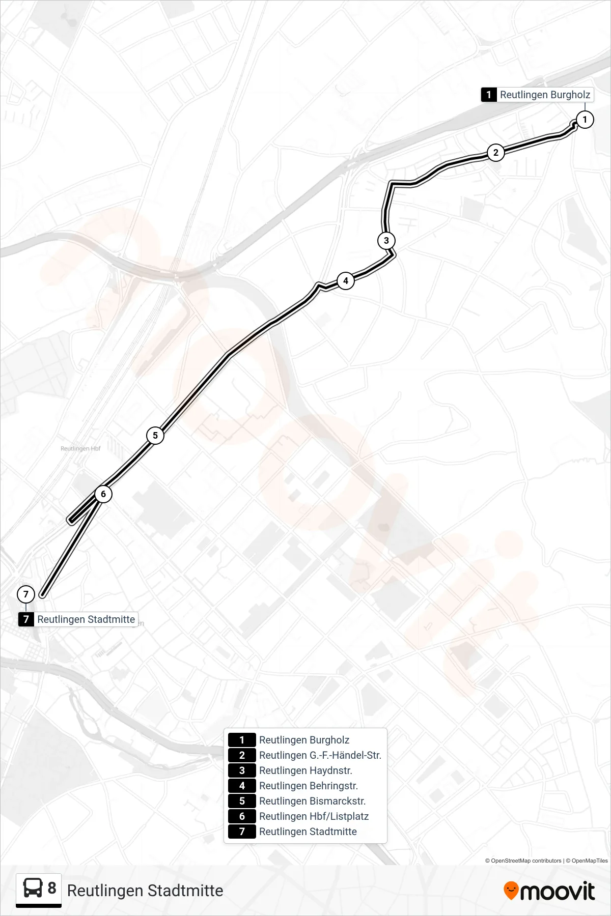 Linie 8 (Bus) Richtung Reutlingen Stadtmitte: Route und Haltestellen auf der Karte
