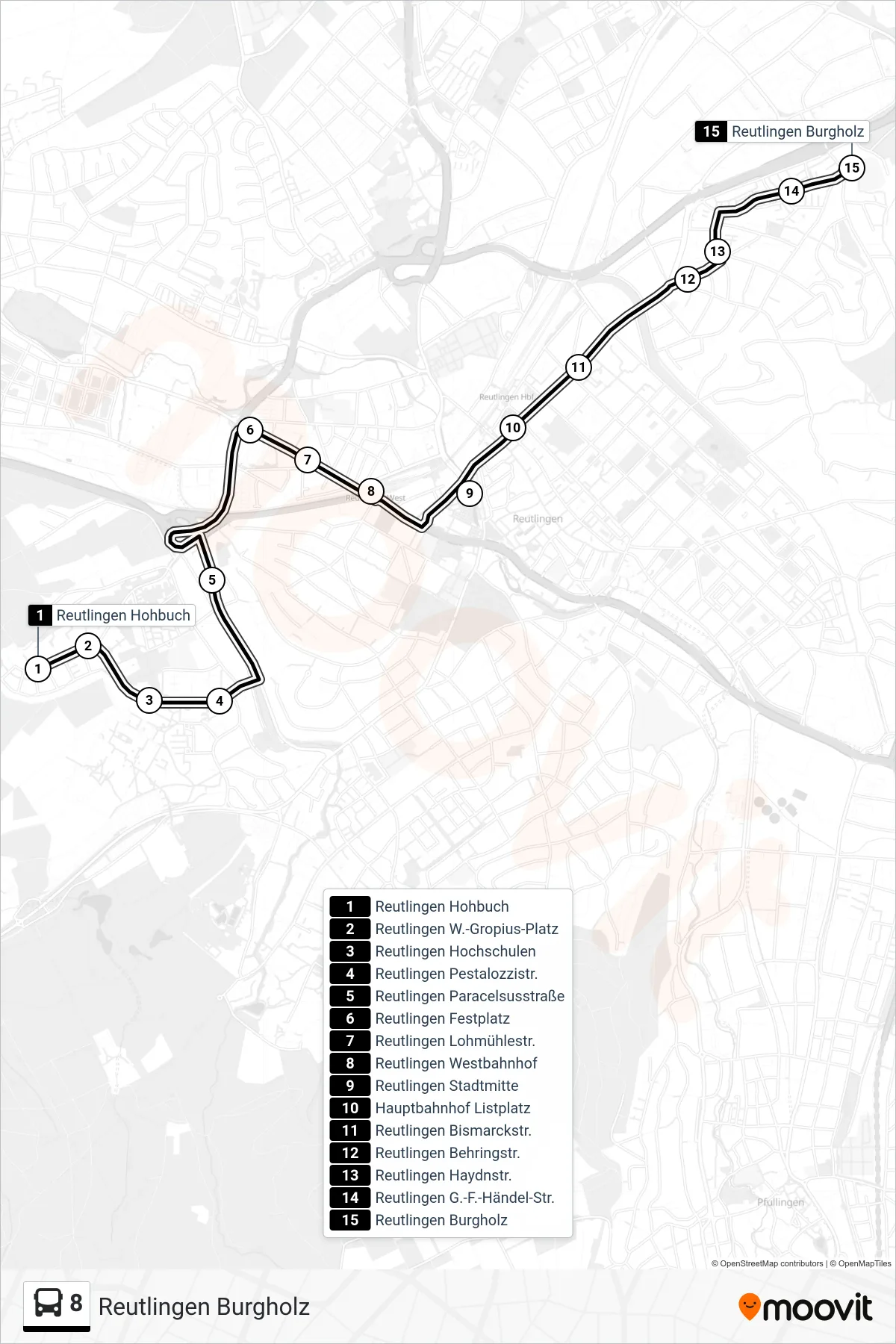 8 bus Line (Reutlingen Burgholz) route and stops on a map