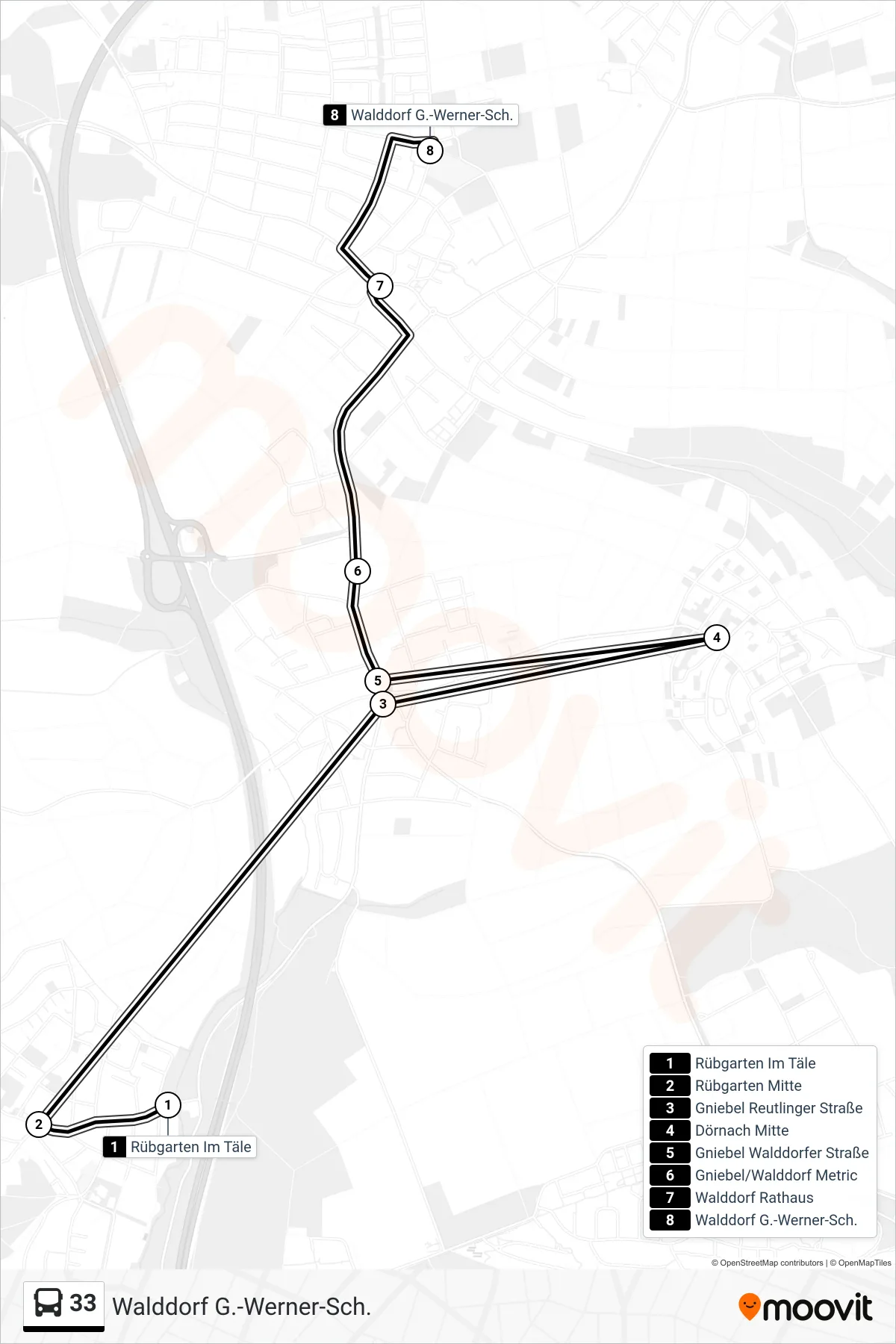 Linie 33 (Bus) Richtung Walddorf G.-Werner-Sch.: Route und Haltestellen auf der Karte
