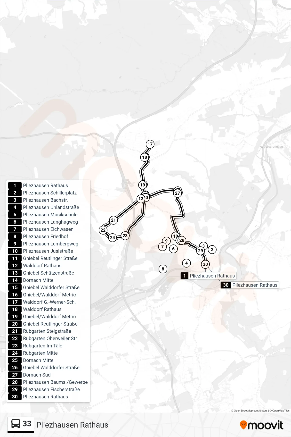 33 bus Line (Pliezhausen Rathaus) route and stops on a map