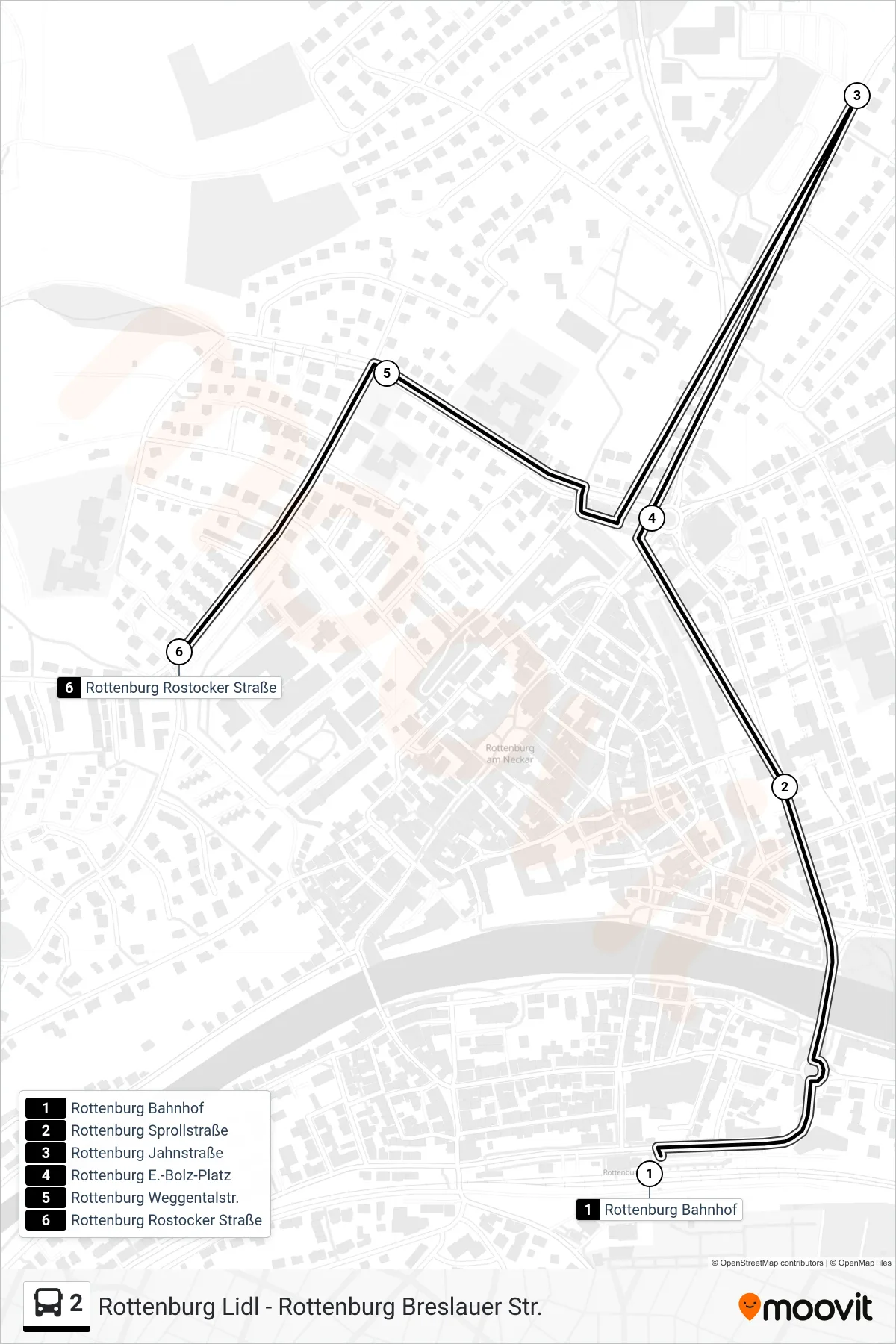 2 bus Line (Rottenburg Rostocker Straße) route and stops on a map