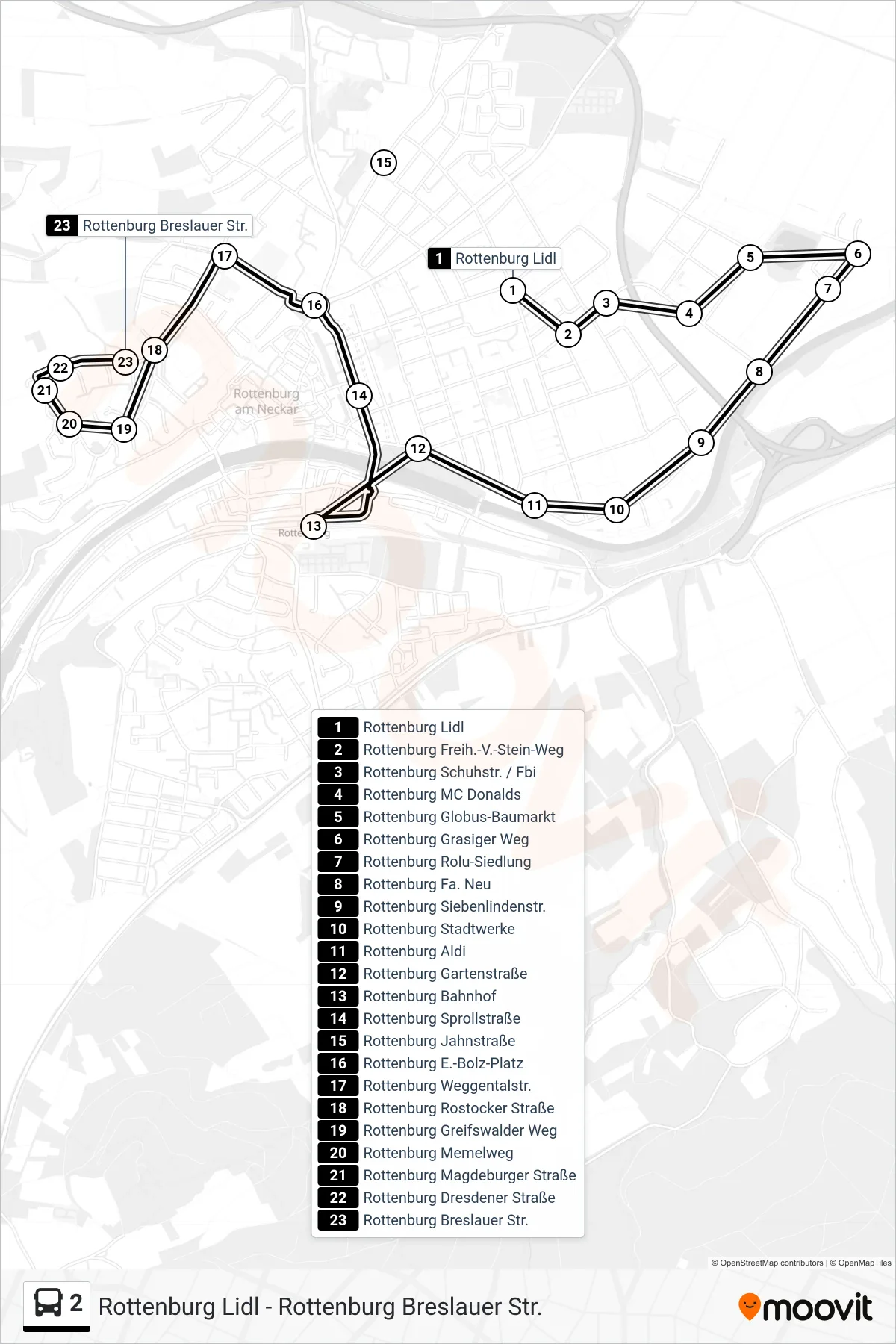 2 bus Line (Rottenburg Breslauer Str.) route and stops on a map