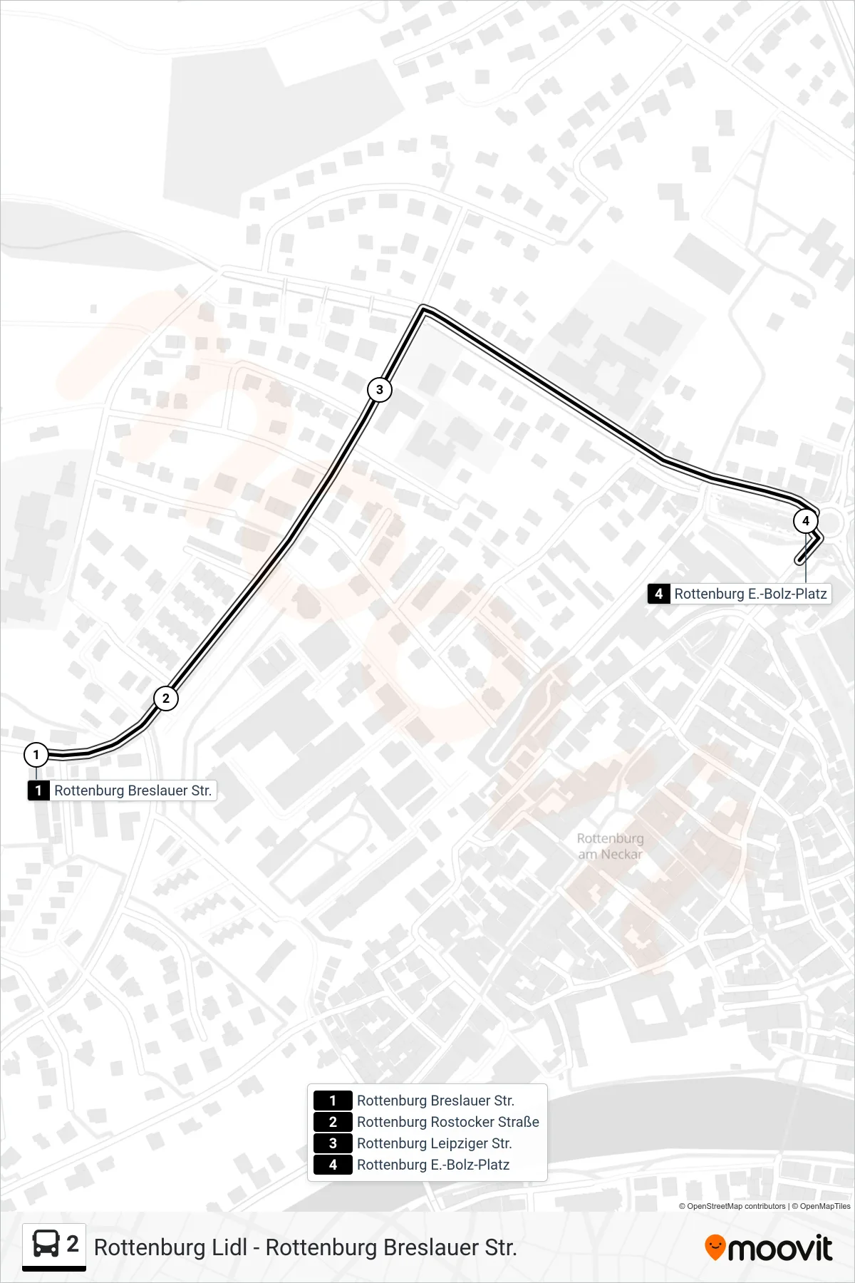 2 bus Line (Rottenburg E.-Bolz-Platz) route and stops on a map