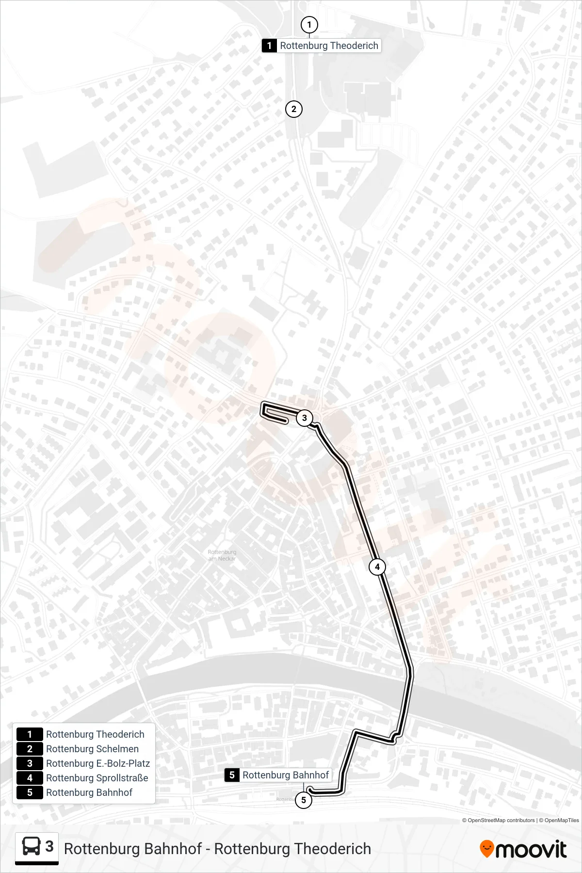 3 bus Line (Rottenburg Bahnhof) route and stops on a map