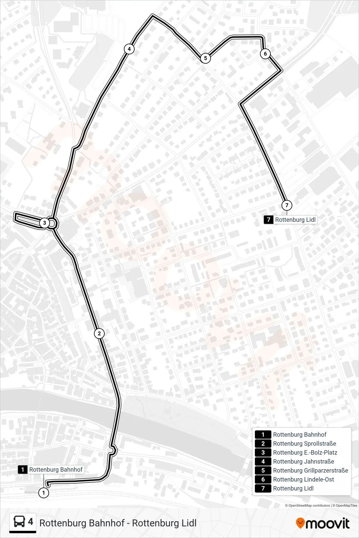 4 bus Line (Rottenburg Lidl) route and stops on a map