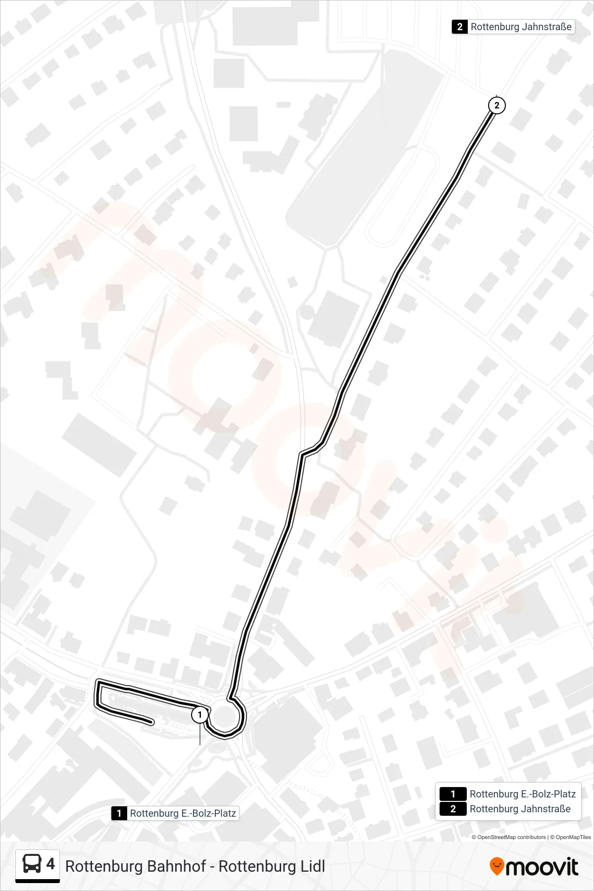 Linie 4 (Bus) Richtung Rottenburg Jahnstraße: Route und Haltestellen auf der Karte