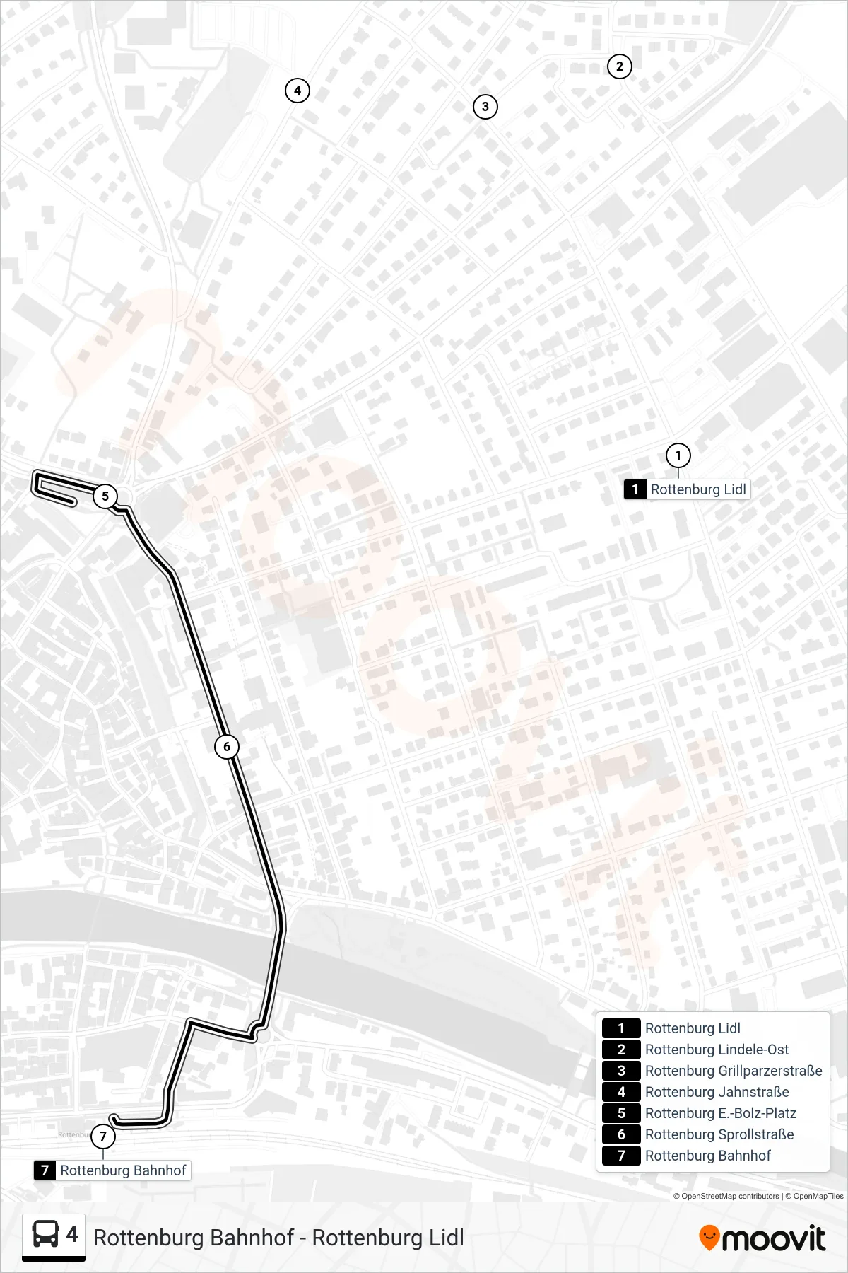 4 bus Line (Rottenburg Bahnhof) route and stops on a map