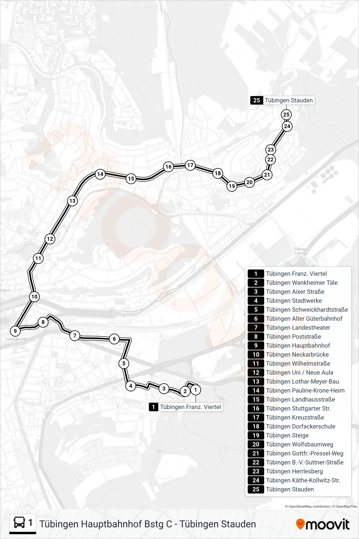 1 bus Line (Tübingen Stauden) route and stops on a map