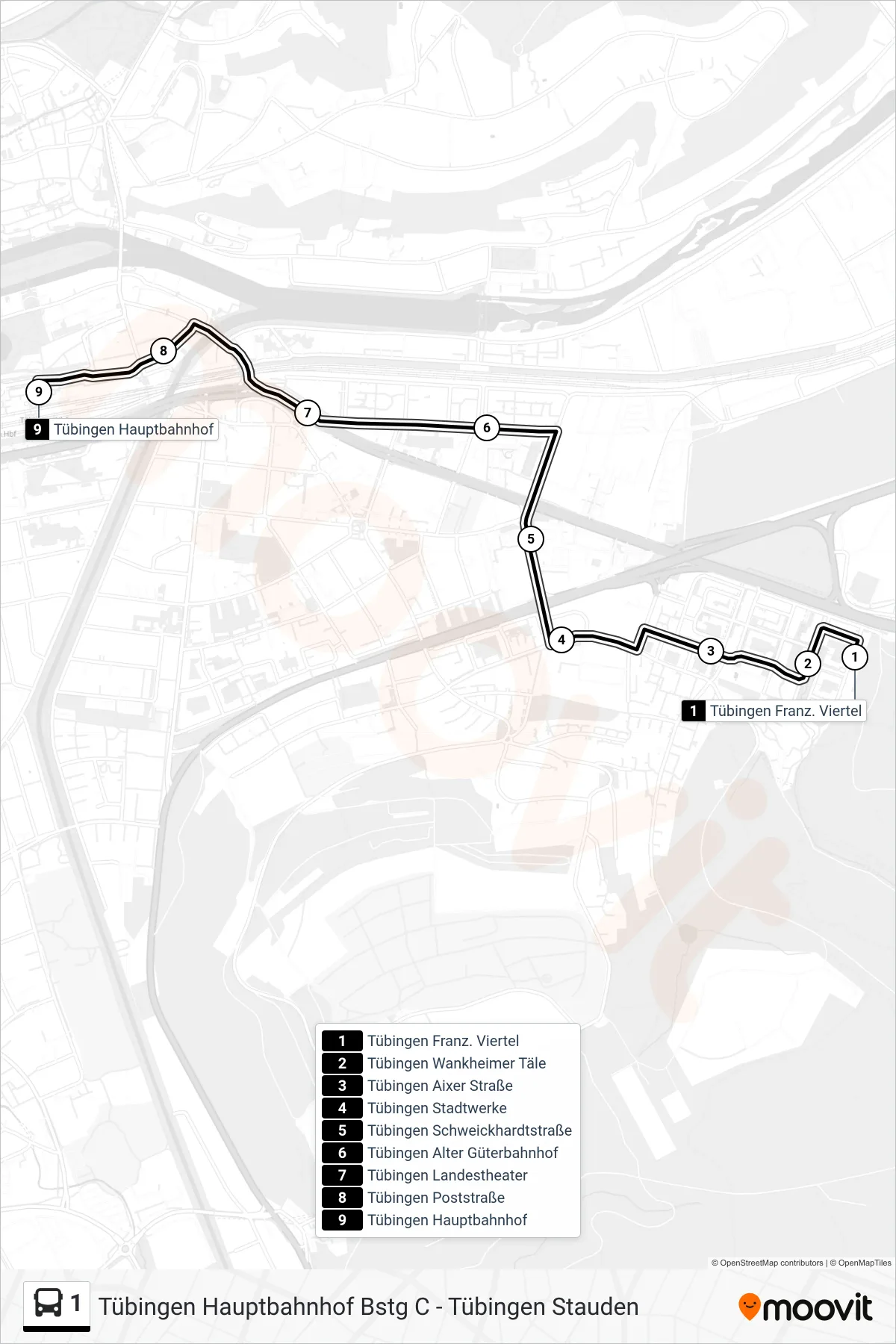 1 bus Line (Tübingen Hauptbahnhof) route and stops on a map