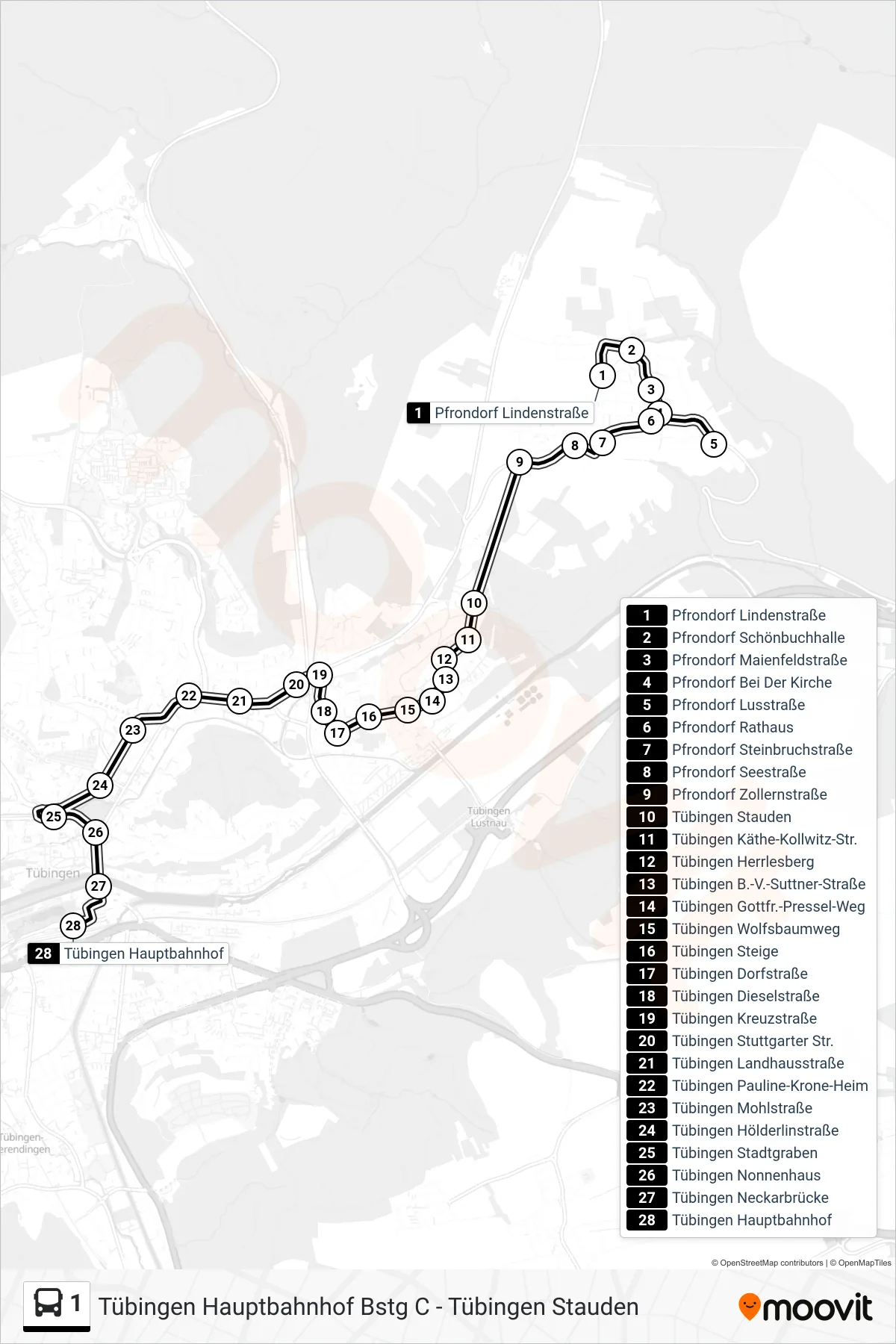 1 bus Line (Tübingen Hauptbahnhof) route and stops on a map